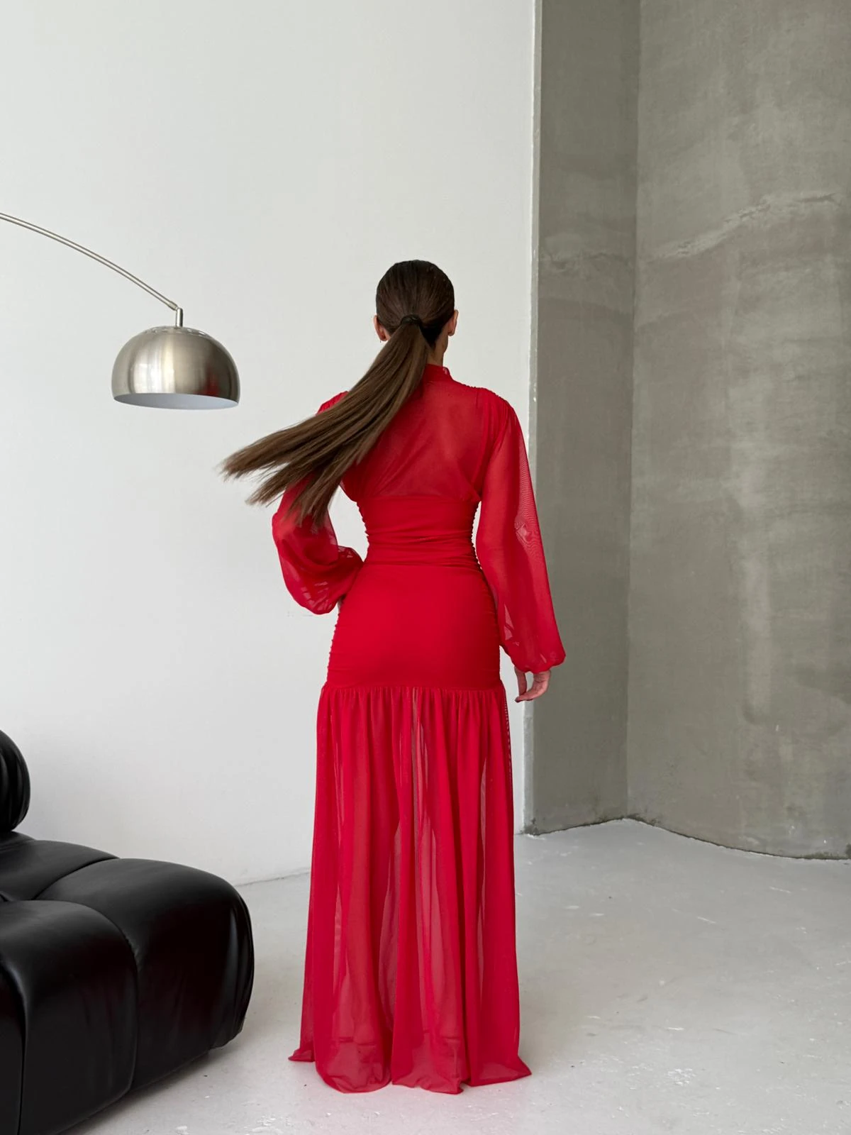 Likralı tül astar detaylı maxi elbise 