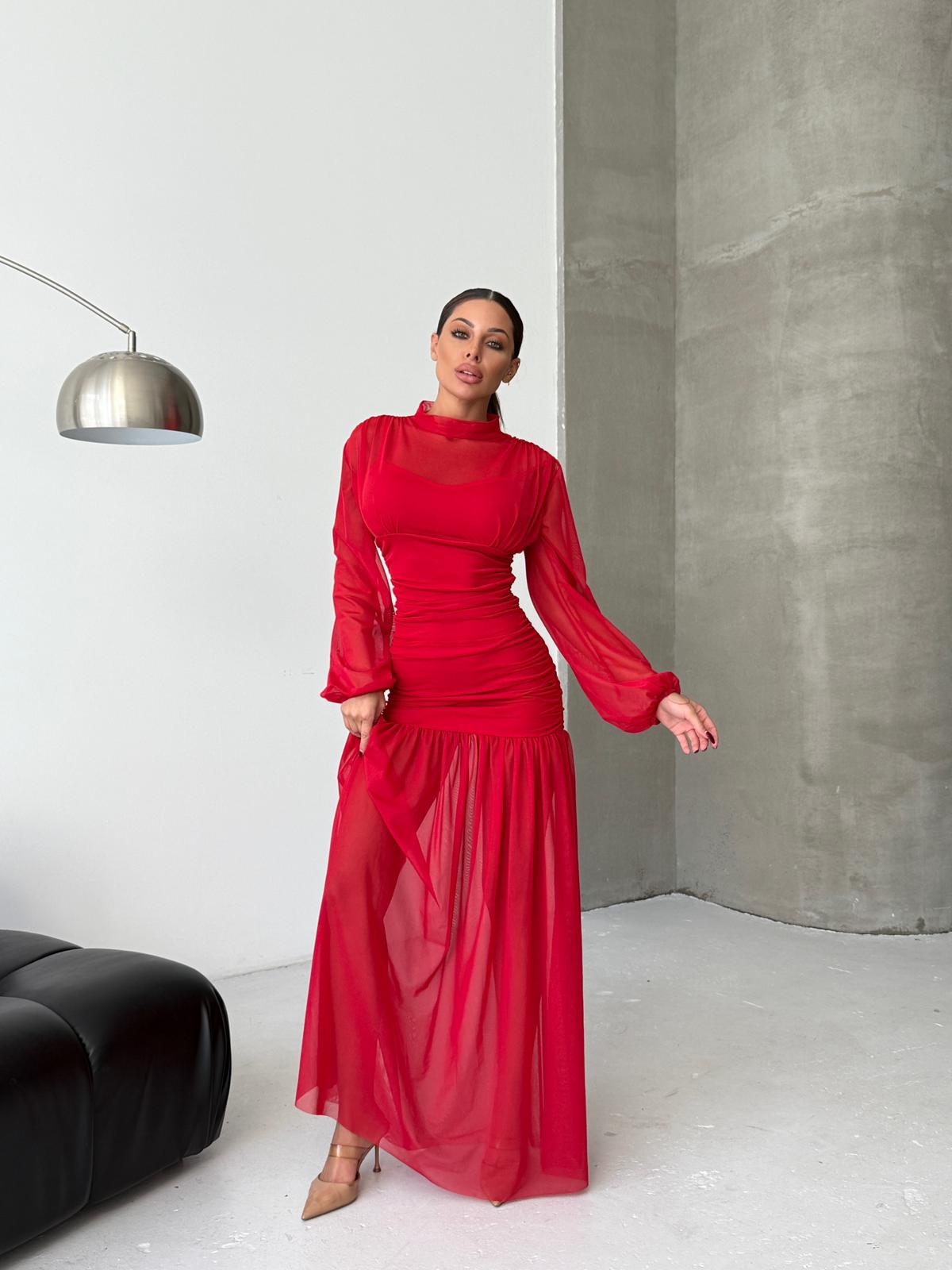 Likralı tül astar detaylı maxi elbise 