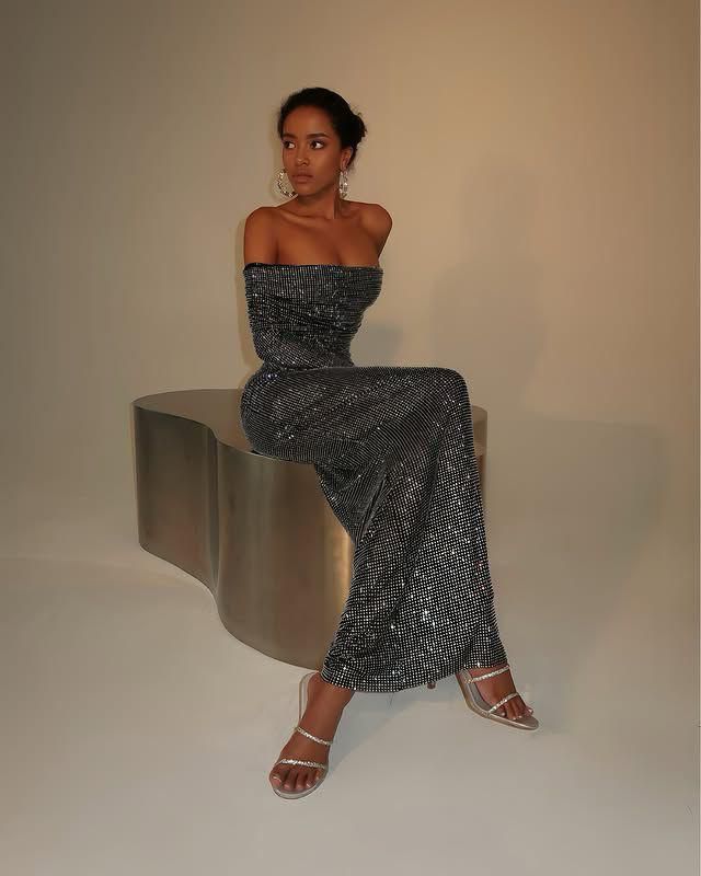 Buzi parıltı kumaş maxi boy elbise