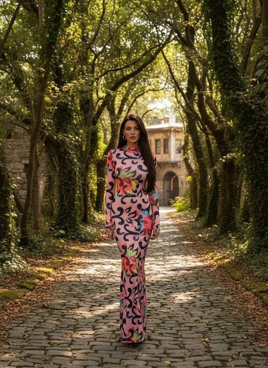 Dijital baskı mikro kumaş maxi elbise - Pembe Desenli