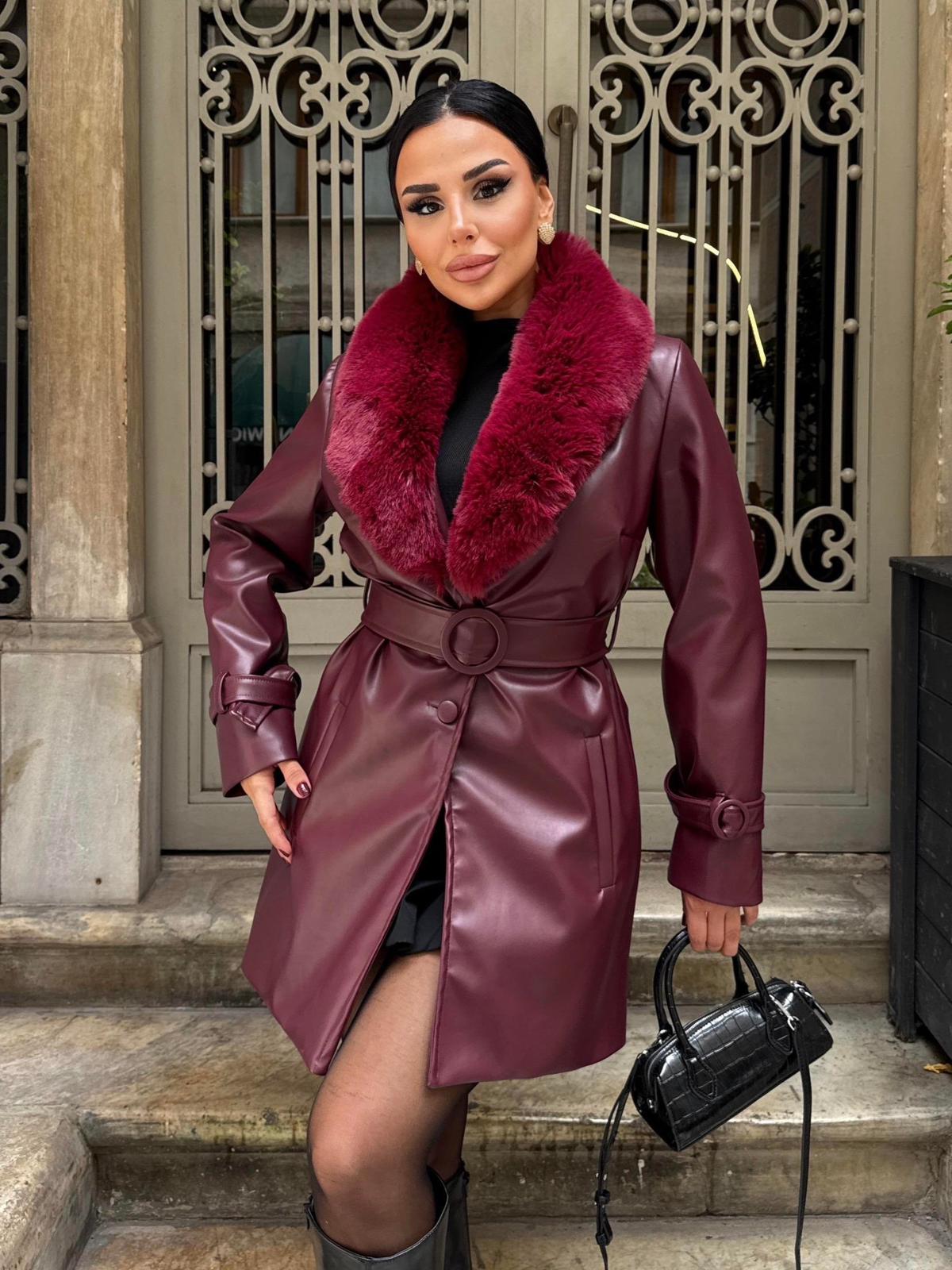 İthal deri kürk detay trenç - Bordo