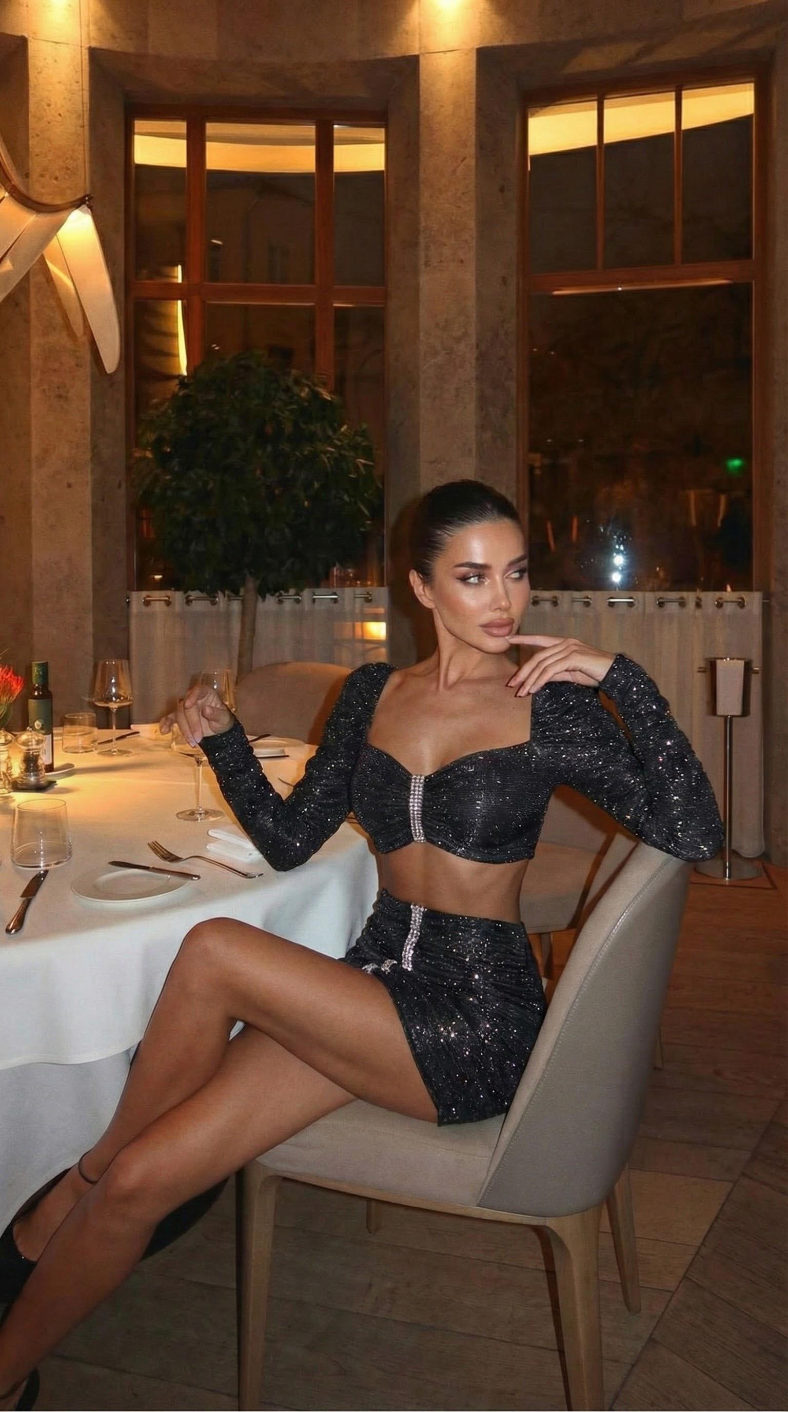 Fukuro kumaş  taş baskılı astarlı  mini ikili elbise