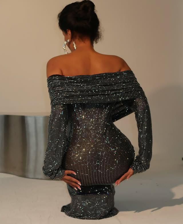 Buzi parıltı kumaş maxi boy elbise