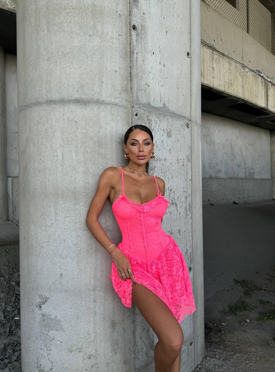 Esnek LZ dantel tulum elbise - Pembe