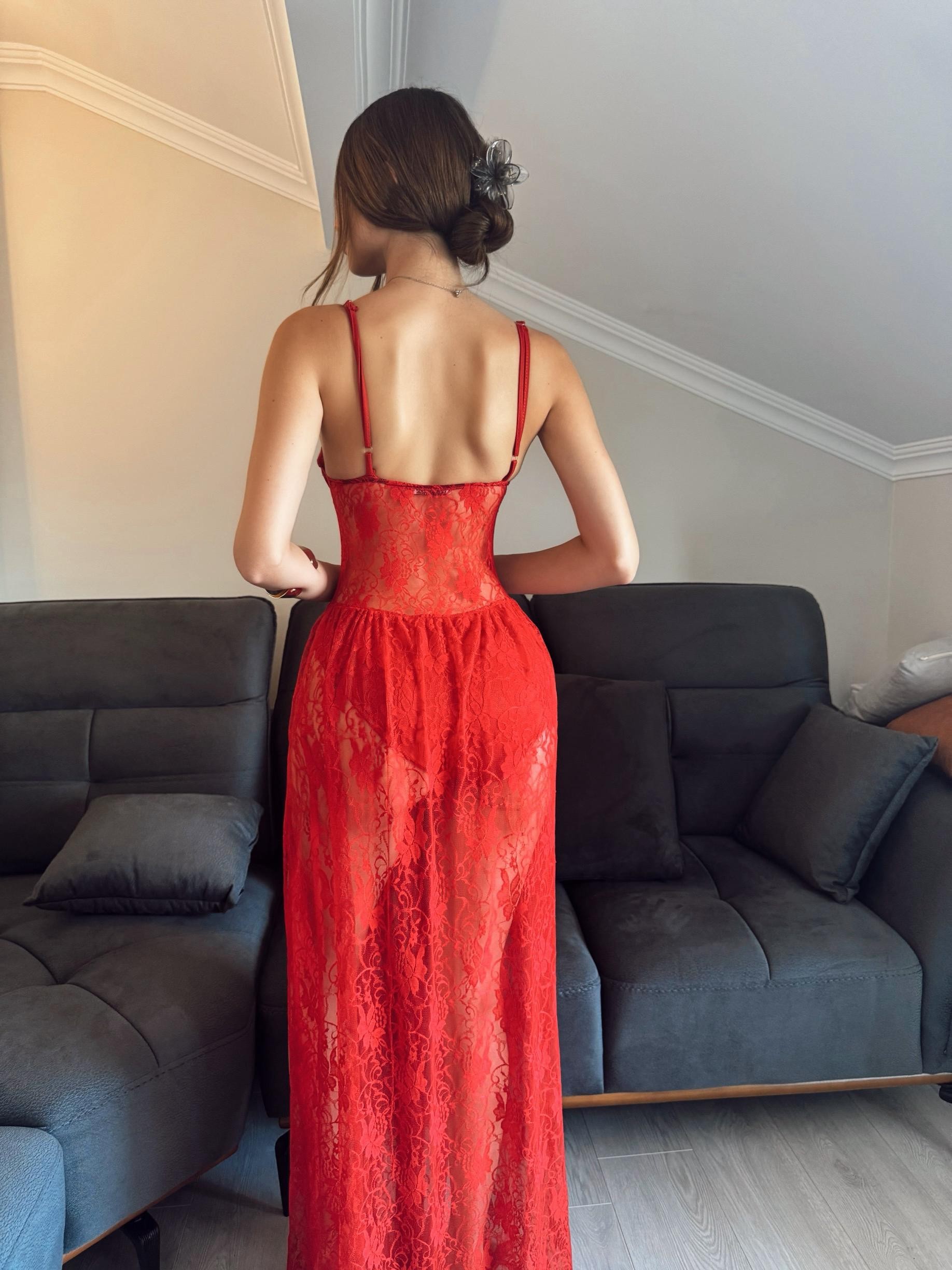 İp askılı boxer detaylı dantel maxi elbise
