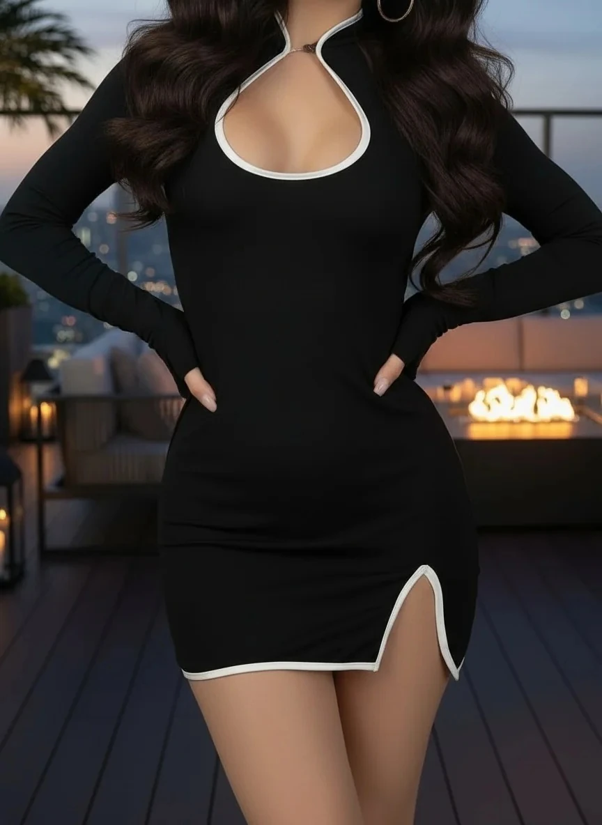 Crep kumaş biyeli mini elbise