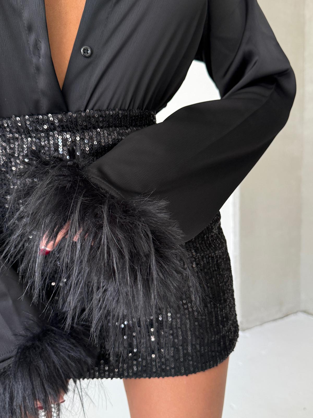 Zara payet astarlı etek+ zara saten gömlek kol tüy detaylı ikili set