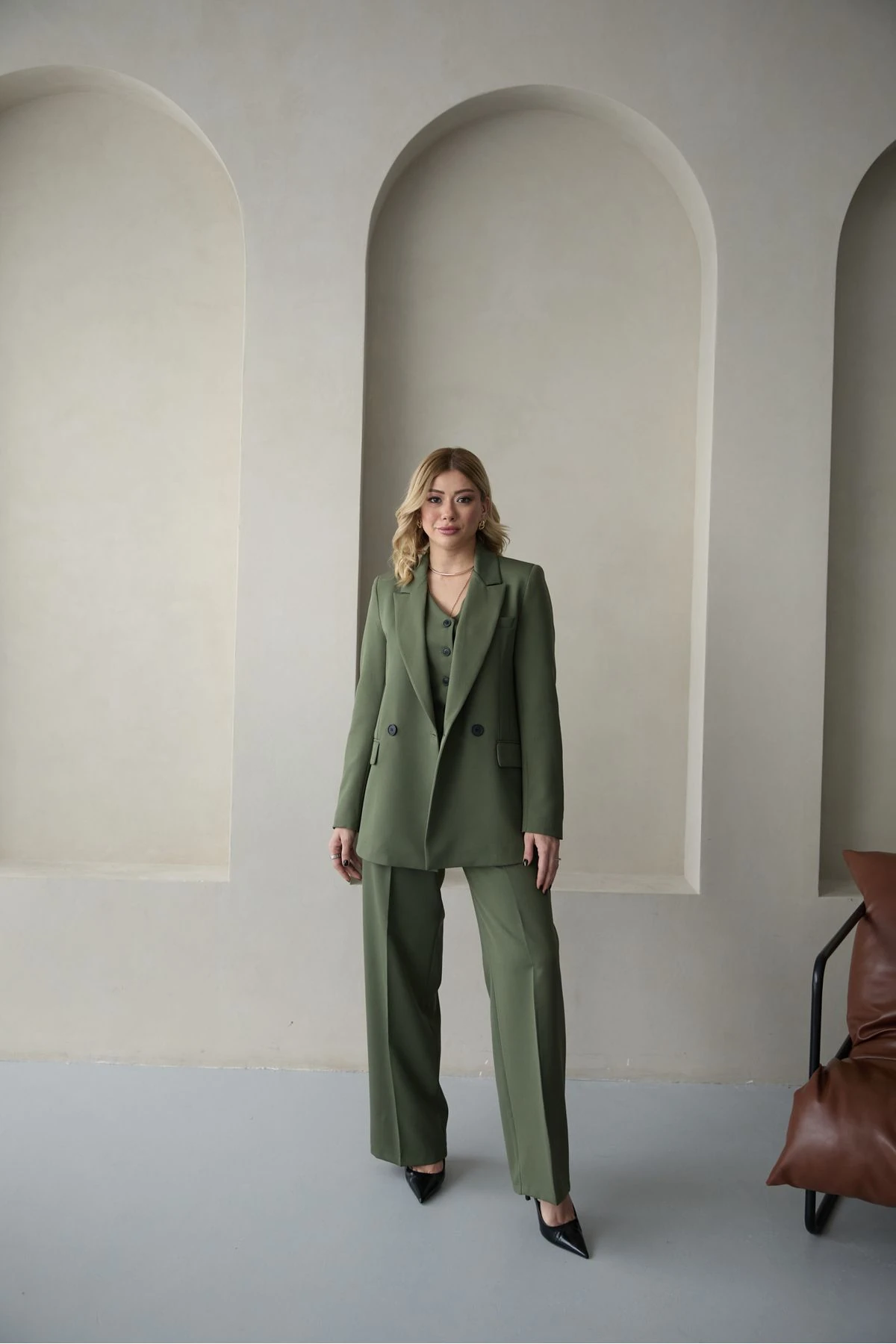 Kadın Haki Blazer Ceket Yelek Palazzo Pantolon Takım Elbise