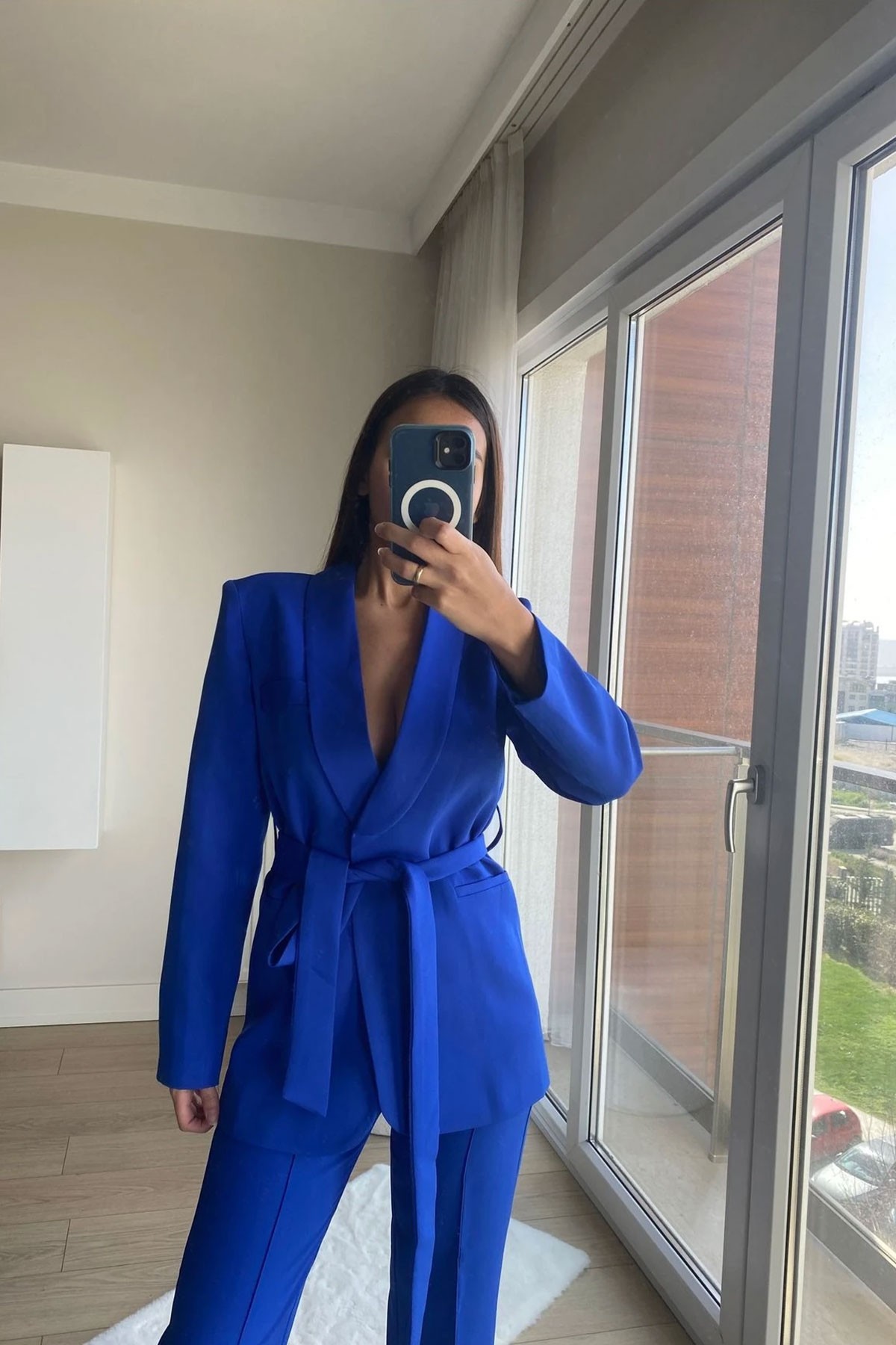 Kadın Lacivert Şal Yaka Bağlamalı Blazer Ceket Pantolon Takım