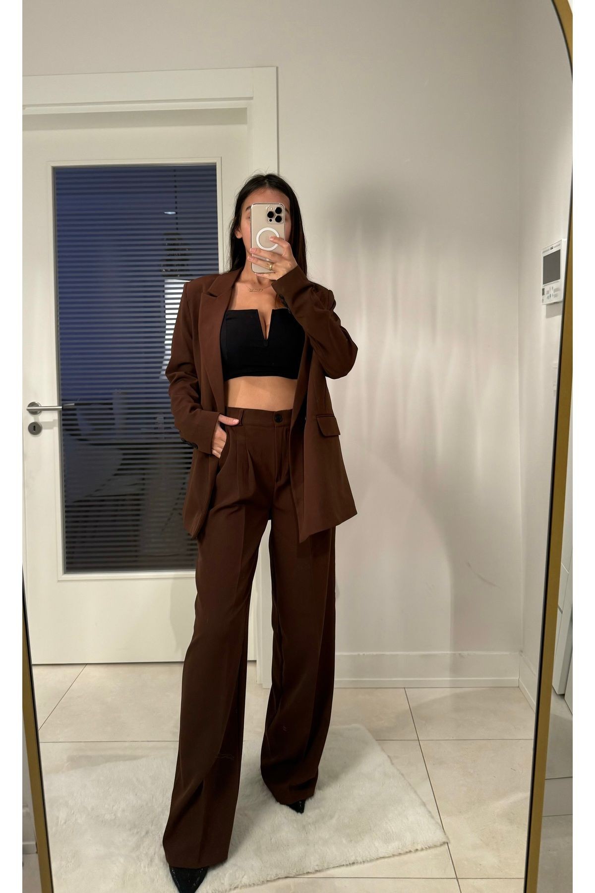 Kadın Kahverengi Blazer Ceket Pantolon Takım
