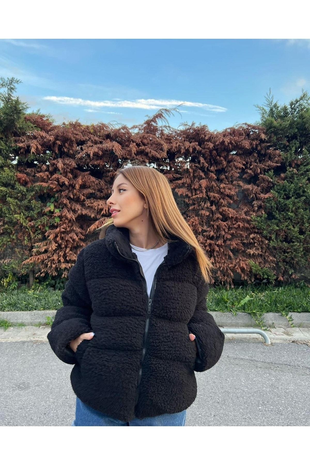 Kadın Siyah Peluş Mont