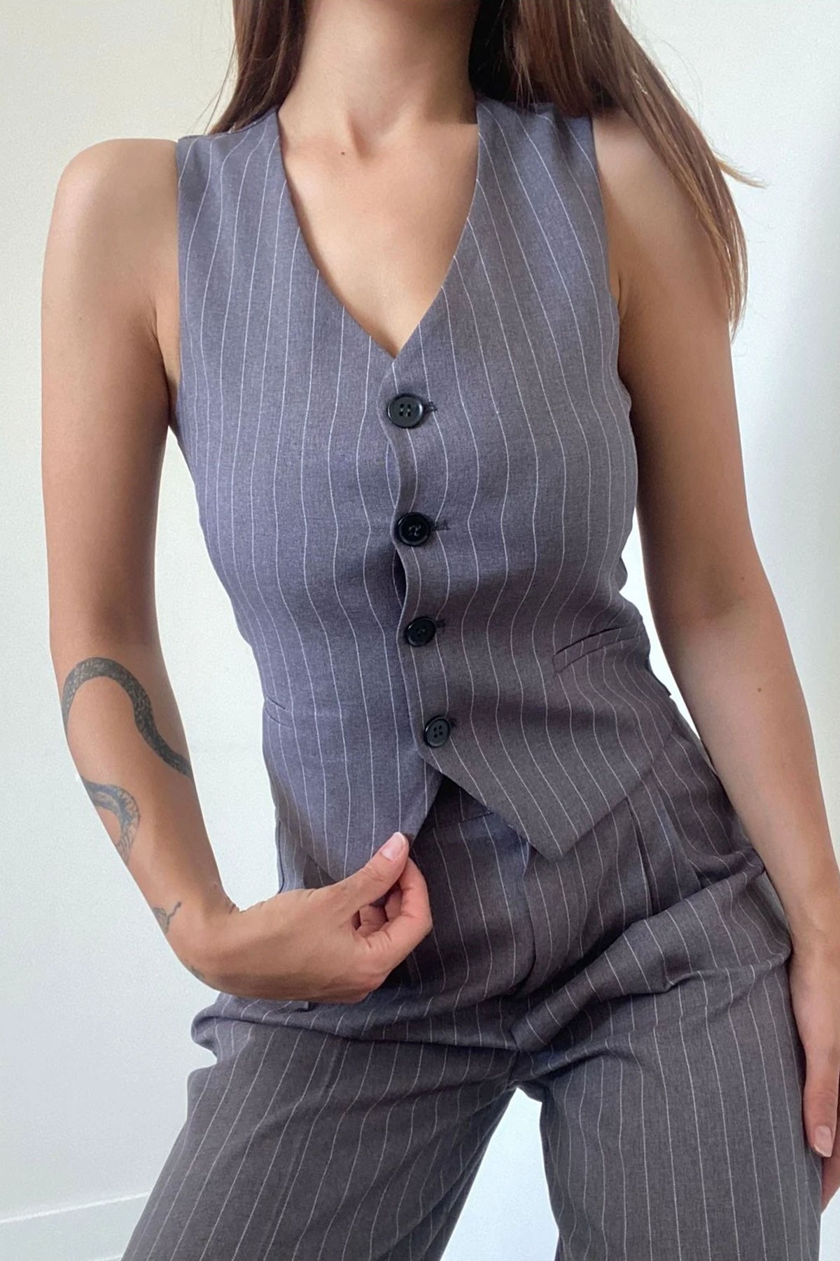Kadın Gri Çizgili Blazer Ceket Yelek Pantolon Takım