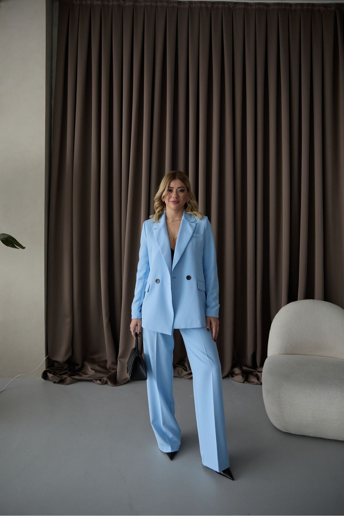 Kadın Bebe Mavi Blazer Ceket Palazzo Pantolon Takım Elbise