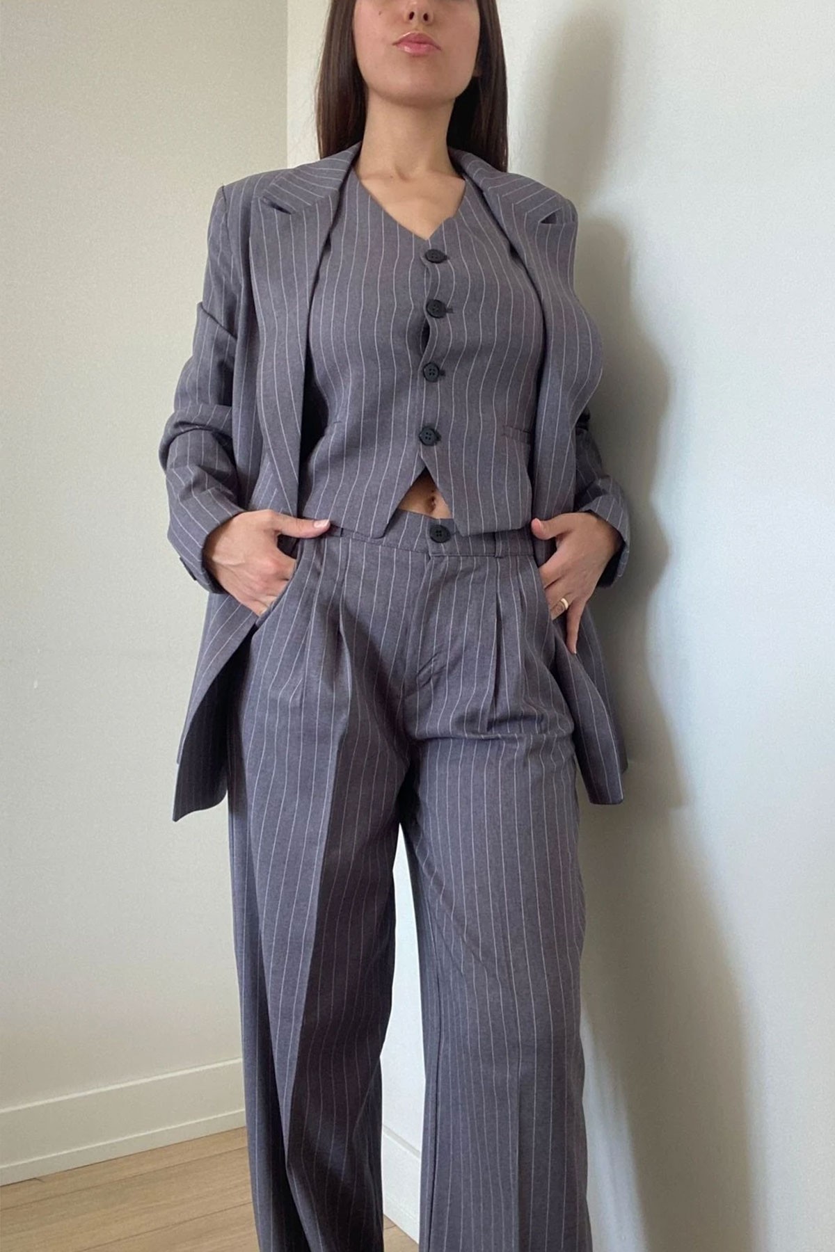 Kadın Gri Çizgili Blazer Ceket Yelek Pantolon Takım