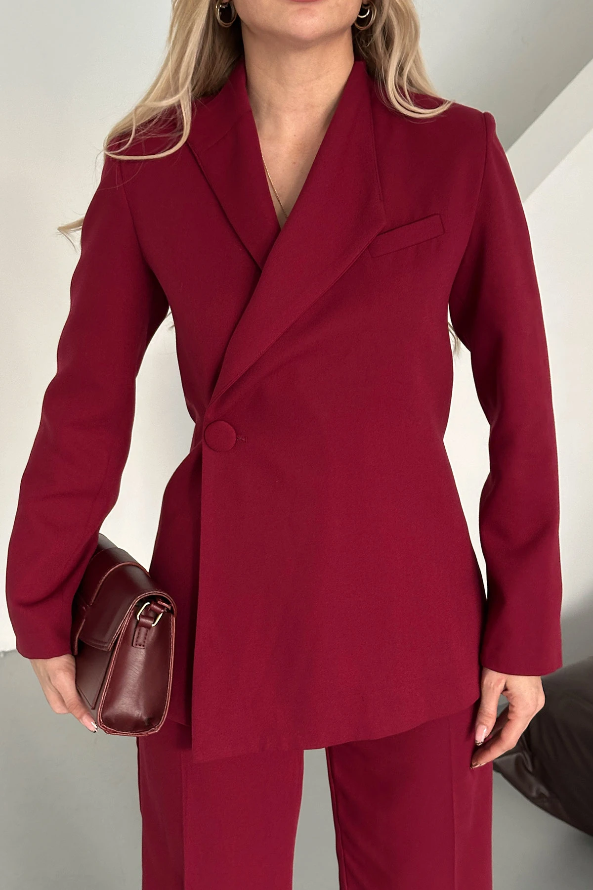 Kadın Bordo  Düğmeli Ceket Pantolon Takım Elbise