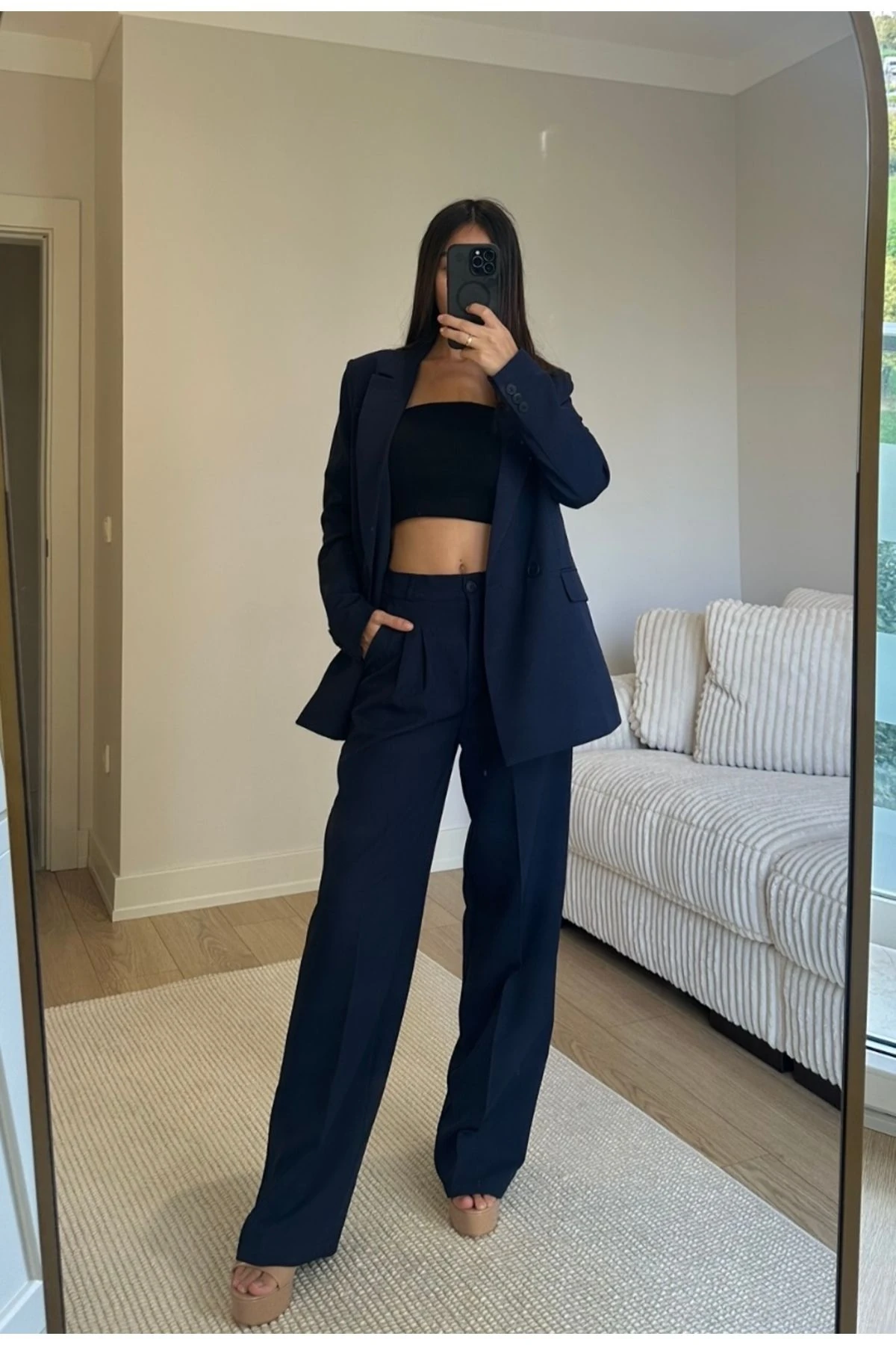 Kadın Lacivert Blazer Ceket Pantolon Takım