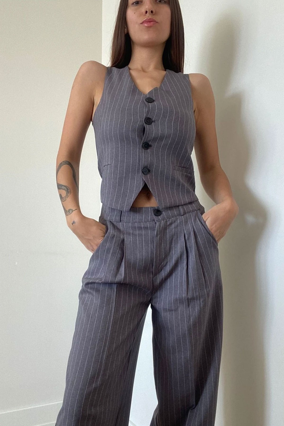 Kadın Gri Çizgili Blazer Ceket Yelek Pantolon Takım