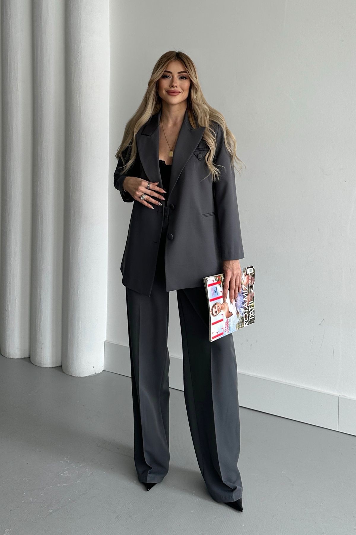 Kadın Antrasit Düğme Detay Blazer Ceket Pantolon Takım Elbise