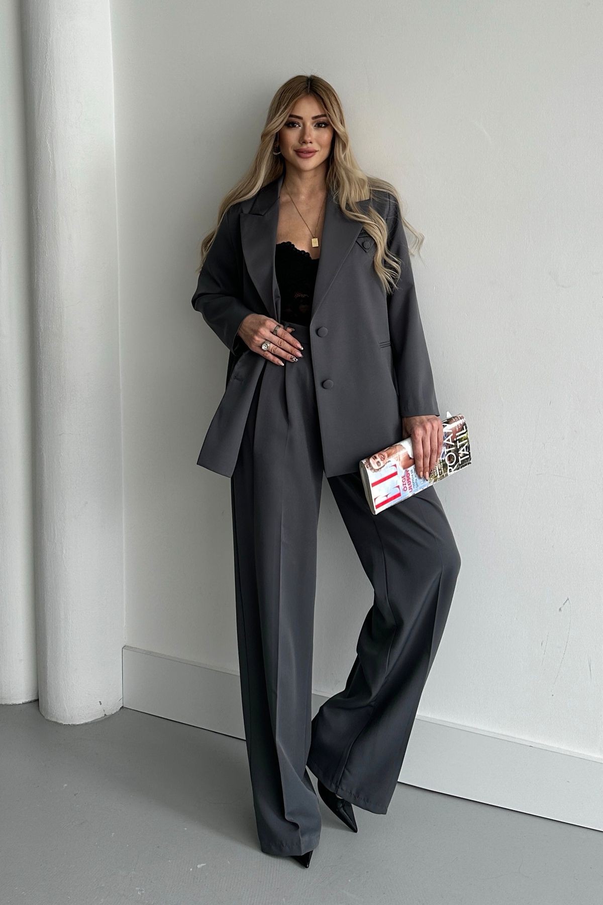 Kadın Antrasit Düğme Detay Blazer Ceket Pantolon Takım Elbise