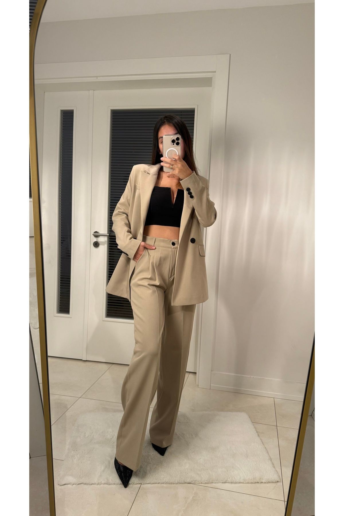Kadın Bej Blazer Ceket Pantolon Takım
