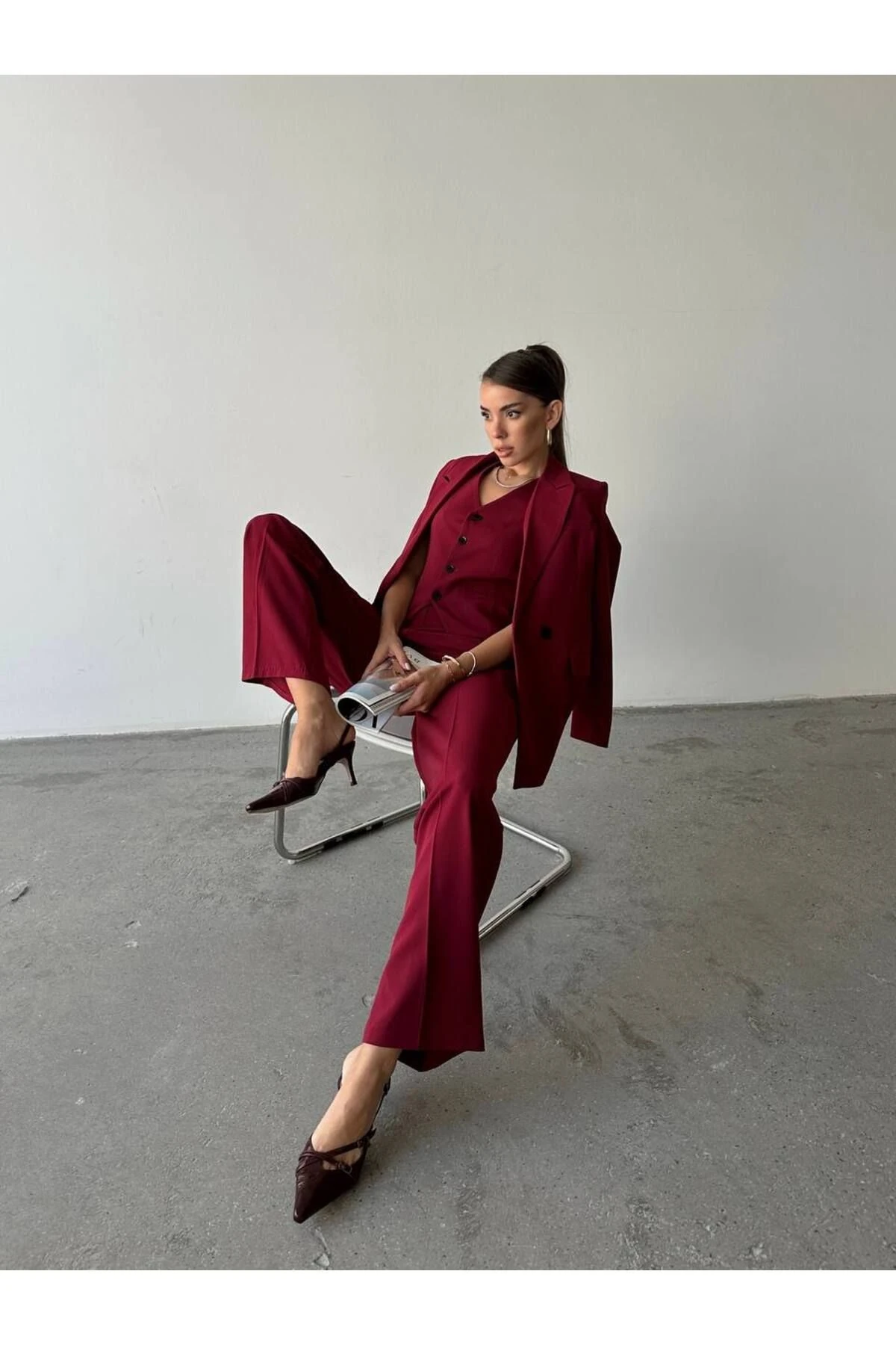 Kadın Bordo Ceket-Yelek-Palazzo Pantolon Takım