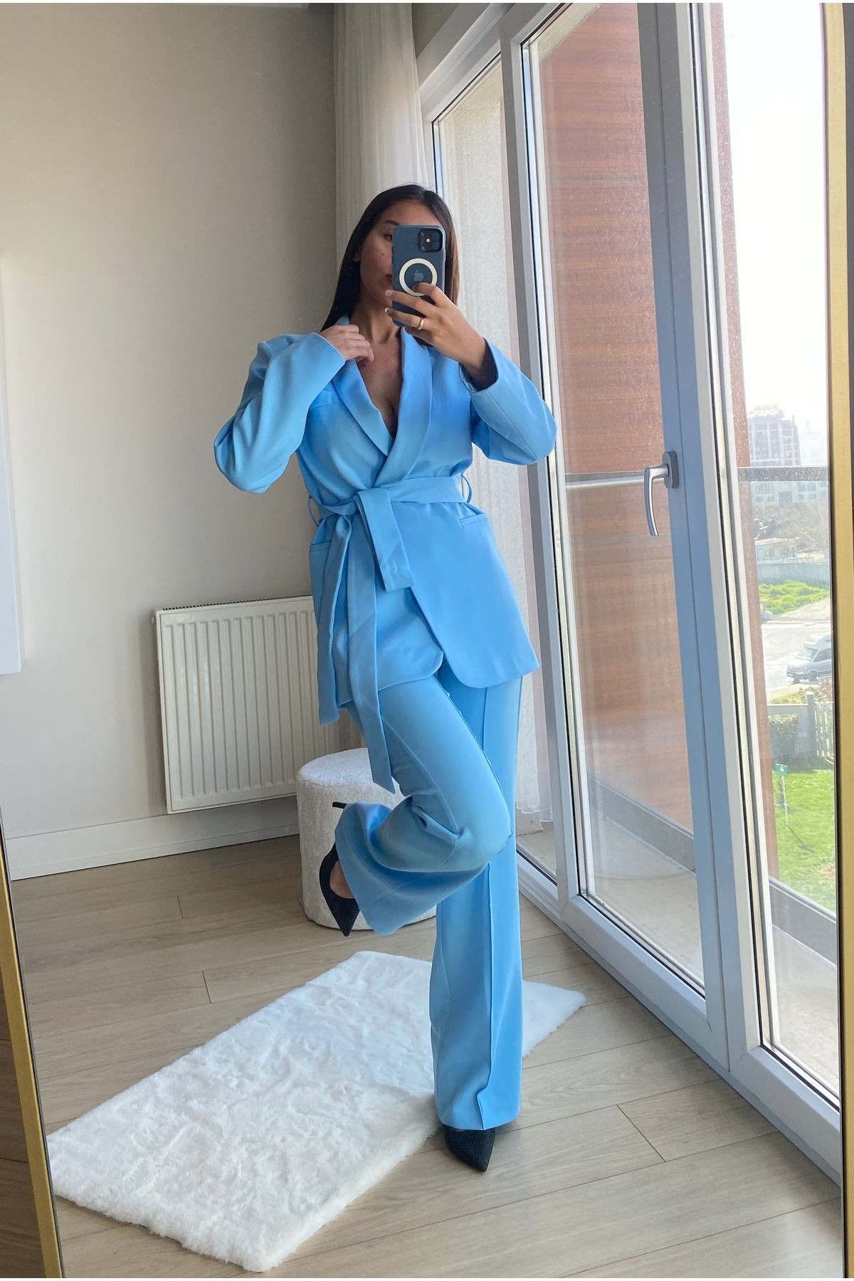 Kadın Bebe Mavi Şal Yaka Bağlamalı Blazer Ceket Pantolon Takım