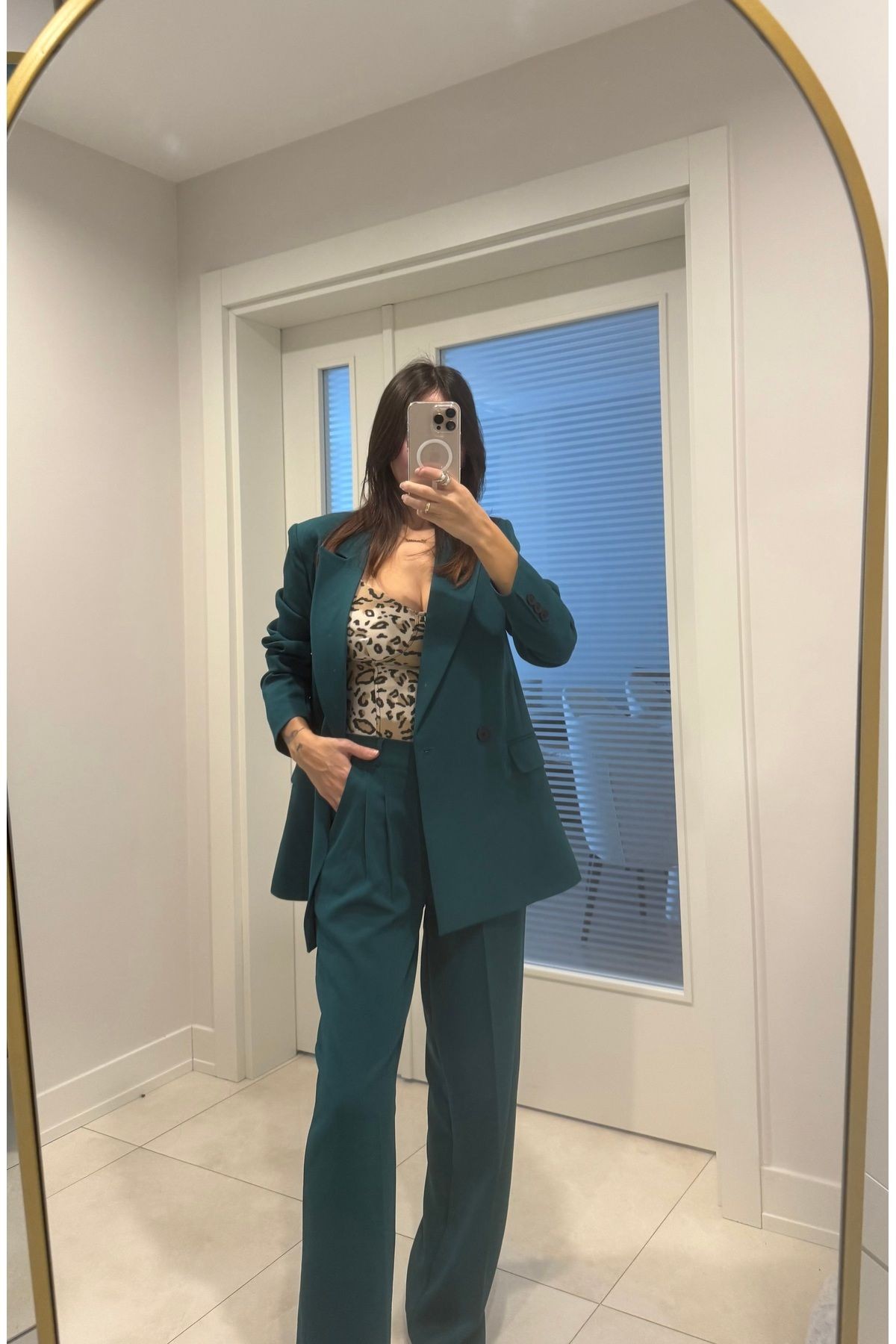 Kadın Yeşil Blazer Ceket Palazzo Pantolon Takım Elbise