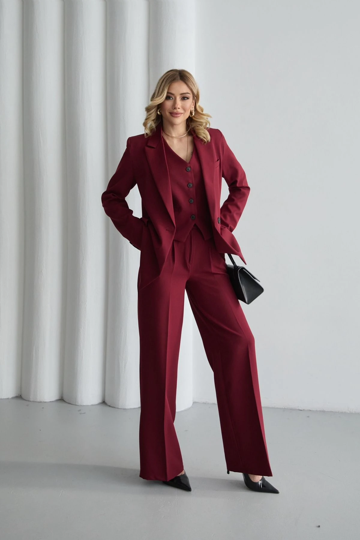 Kadın Bordo Blazer Ceket-Yelek-Pantolon Takım