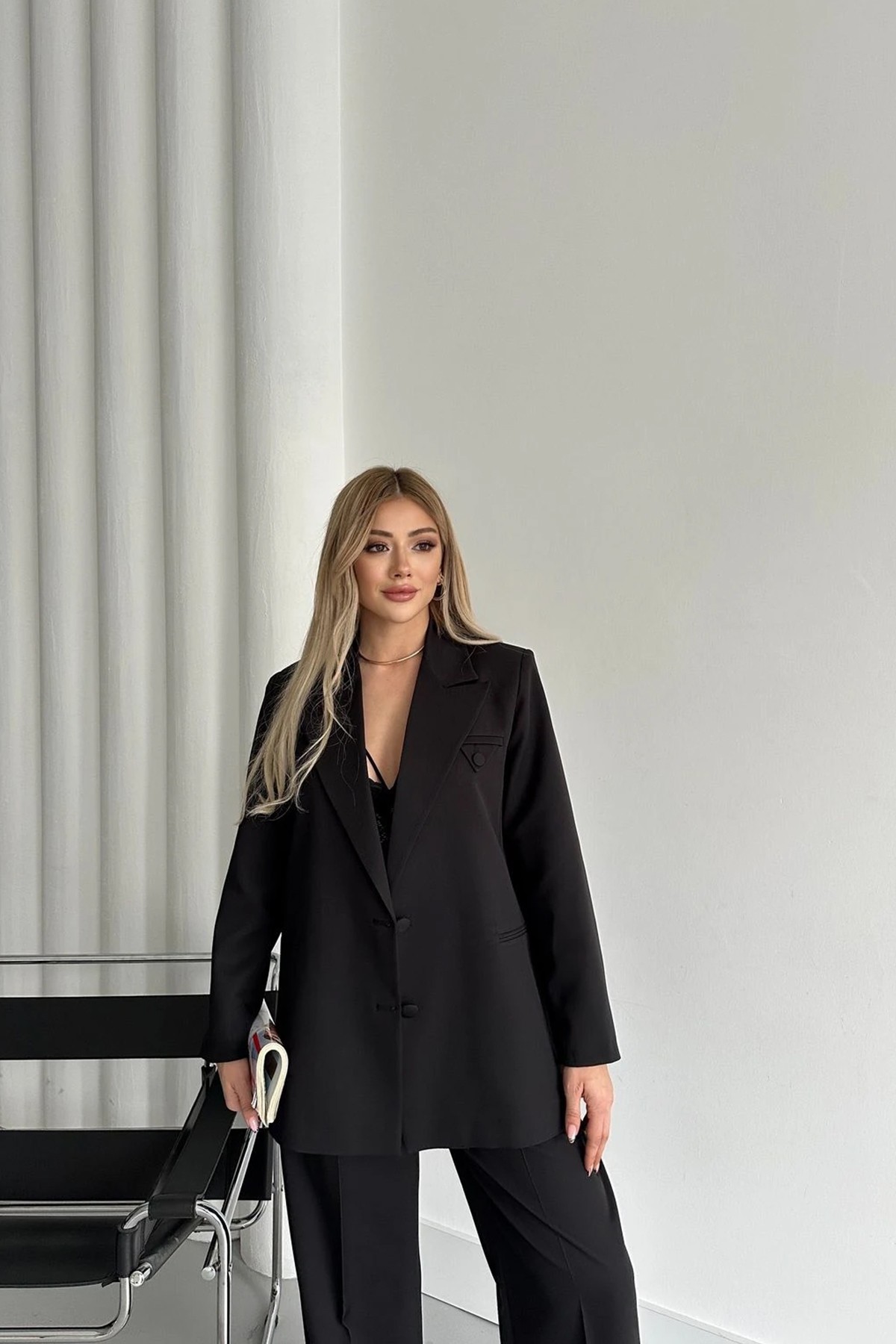 Kadın Siyah Düğme Detay Blazer Ceket Pantolon Takım Elbise