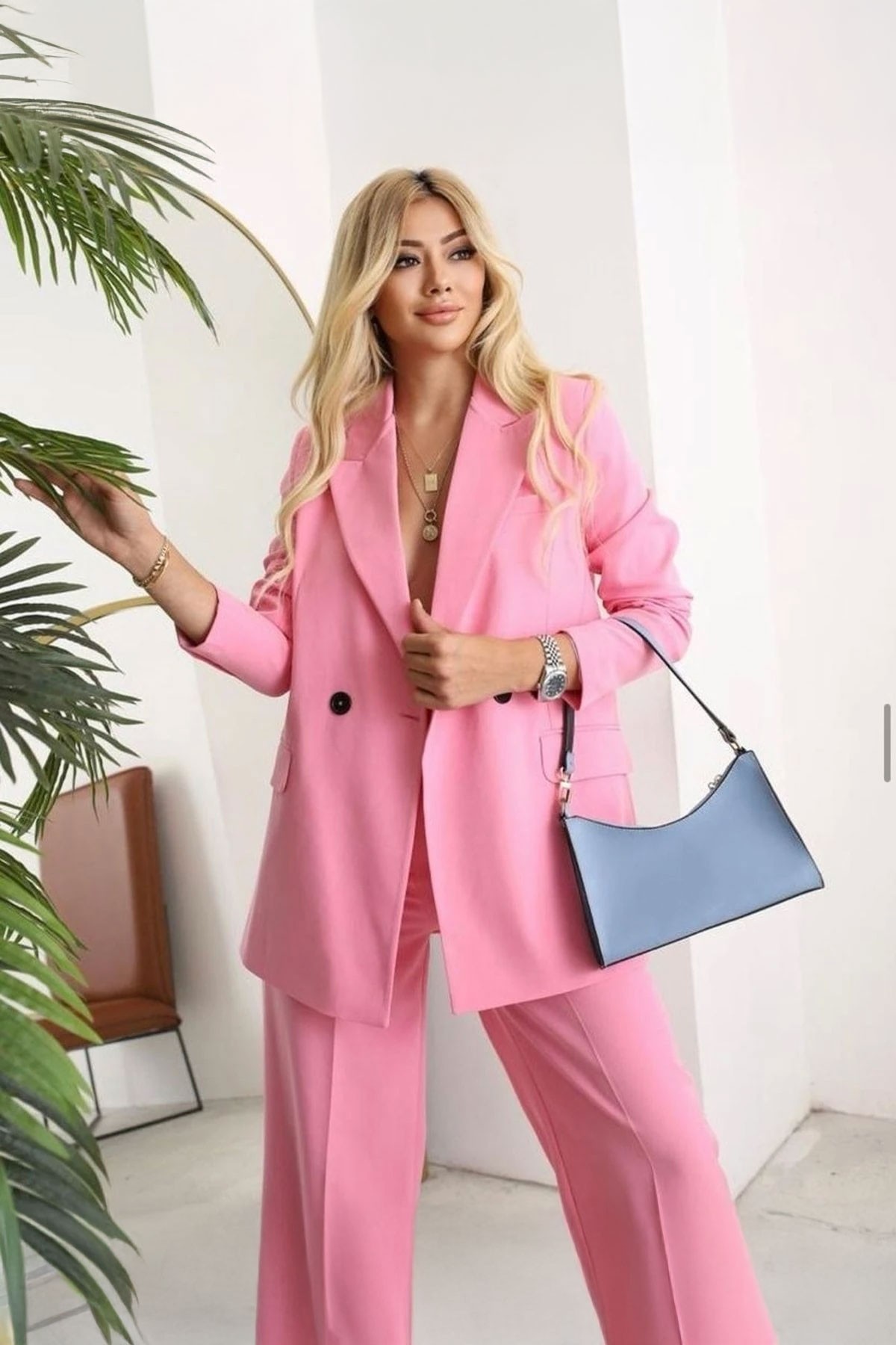Kadın Pembe Blazer Ceket Pantolon Takım