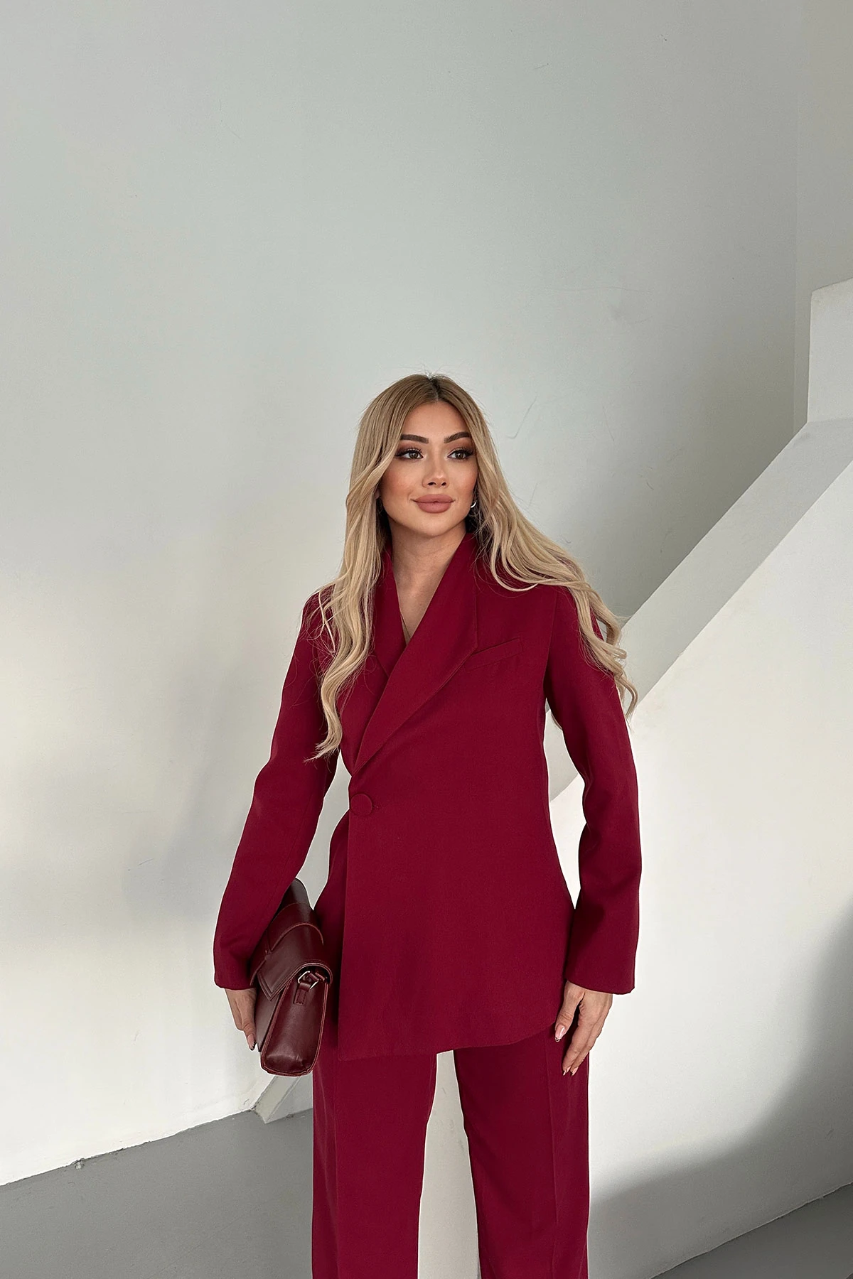 Kadın Bordo  Düğmeli Ceket Pantolon Takım Elbise