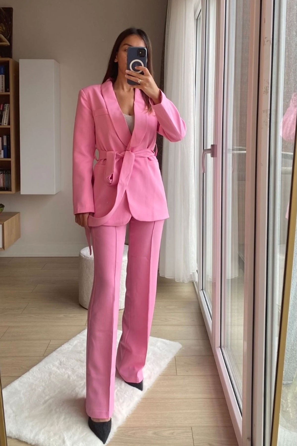 Kadın Şal Yaka Pembe Bağlama Detay Ceket Pantolon Takım