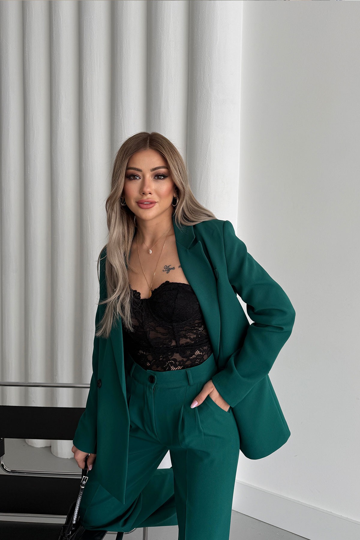Women's Emerald Green Blazer Jacket and Palazzo Pants Suit