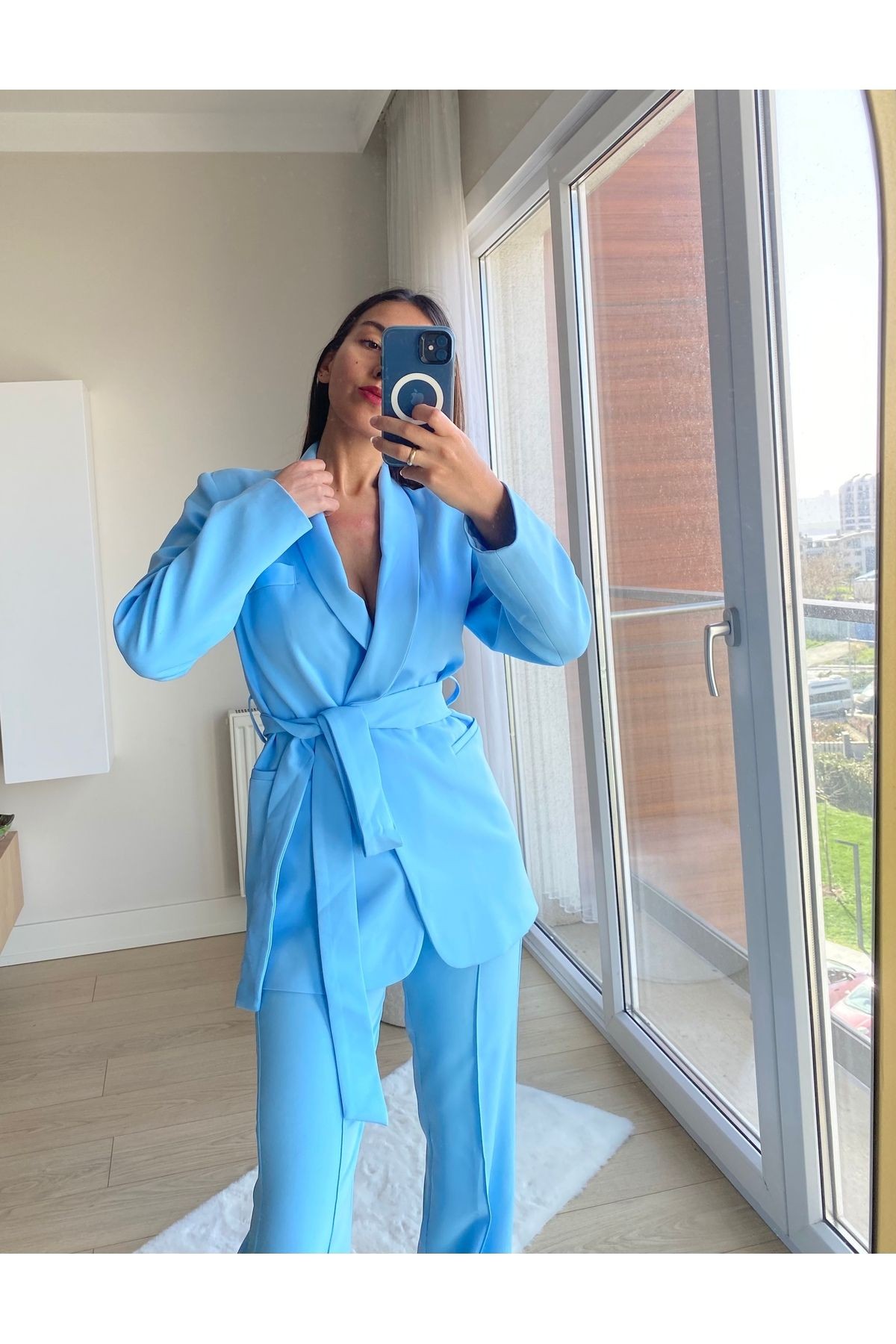 Kadın Bebe Mavi Şal Yaka Bağlamalı Blazer Ceket Pantolon Takım