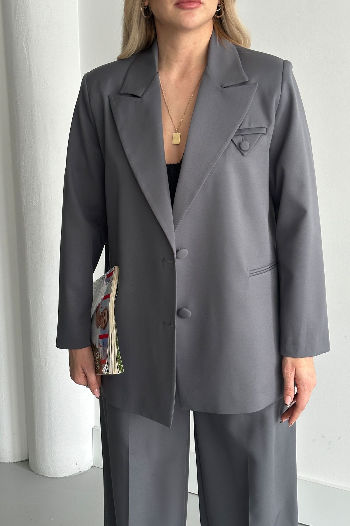 Kadın Antrasit Düğme Detay Blazer Ceket Pantolon Takım Elbise