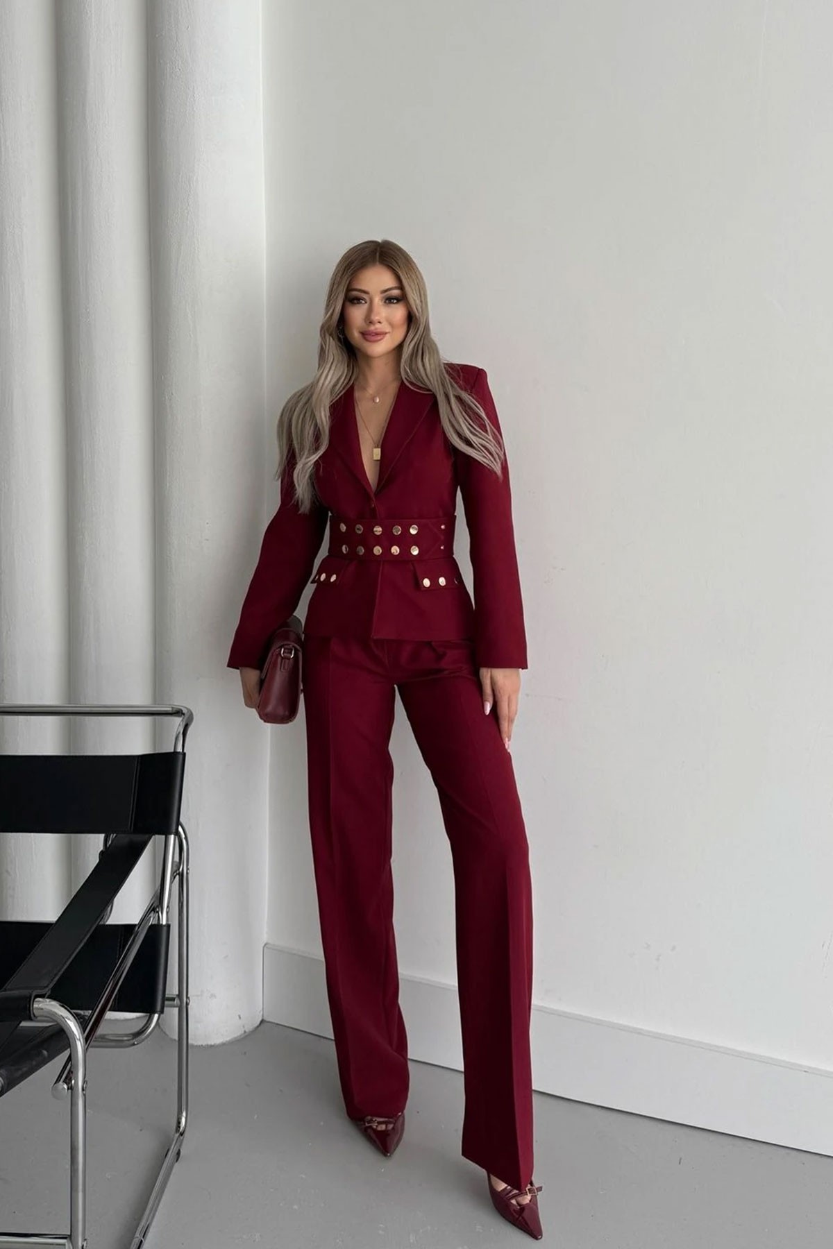 Kadın Bordo Kemerli Ceket Pantolon Takım Elbise