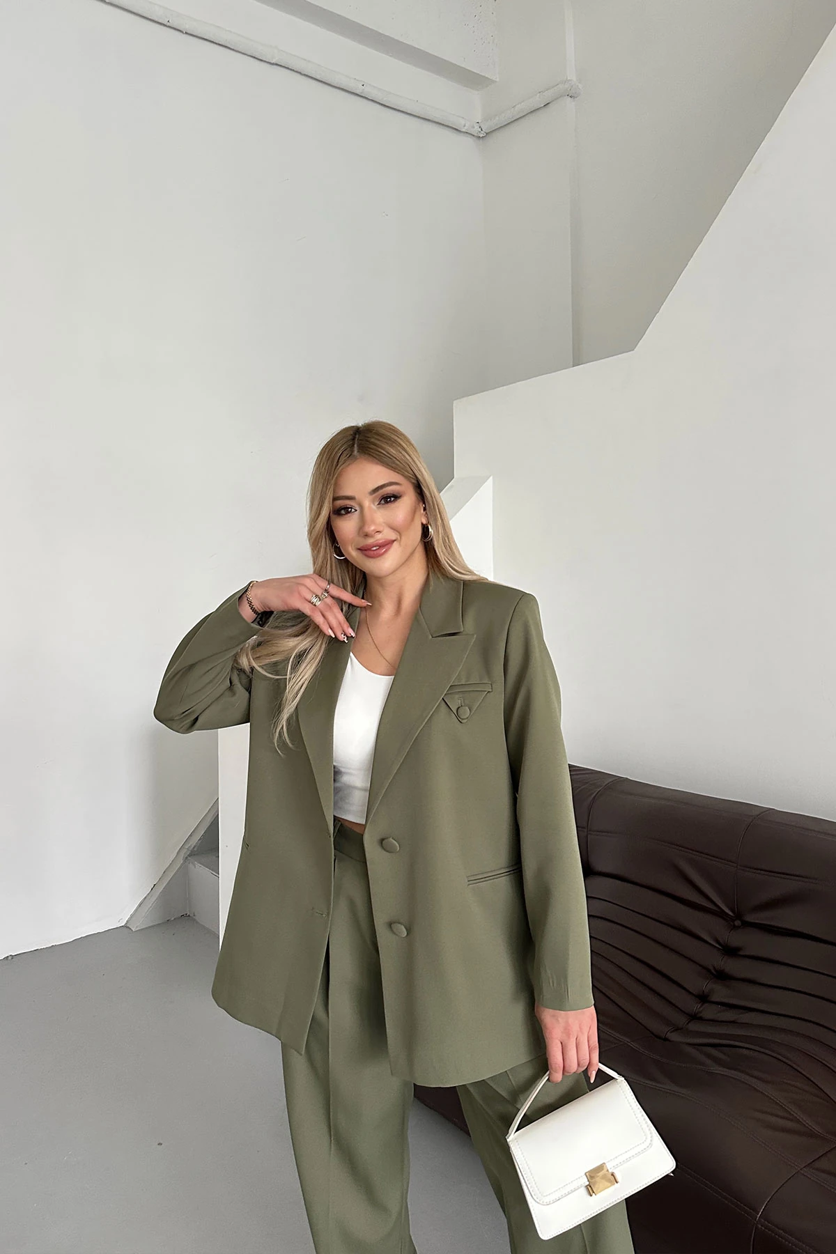 Kadın Haki Düğme Detay Blazer Ceket Pantolon Takım Elbise