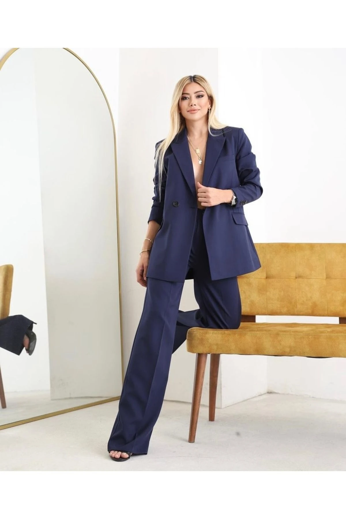 Kadın Lacivert Blazer Ceket Pantolon Takım