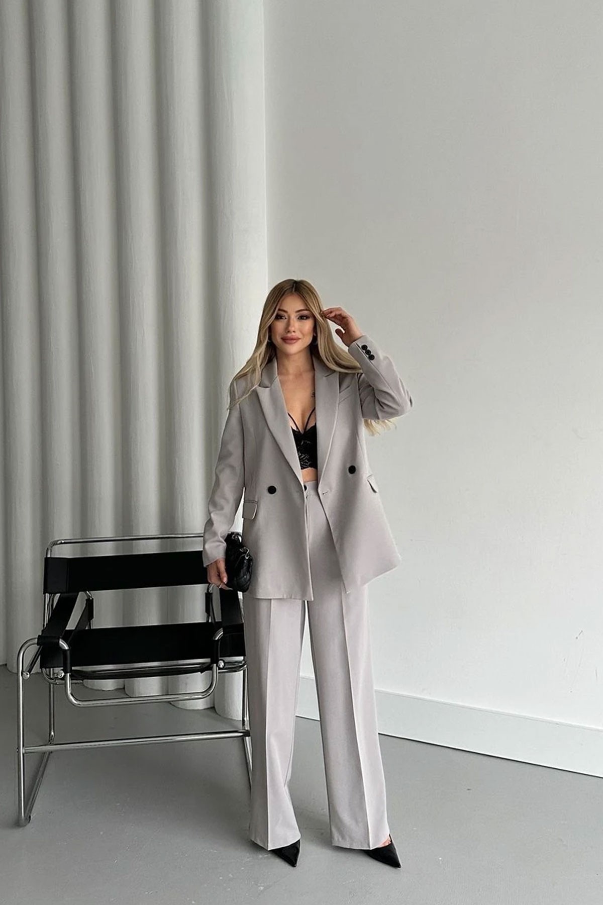 Kadın Açık Gri Blazer Ceket Palazzo Pantolon Takım Elbise