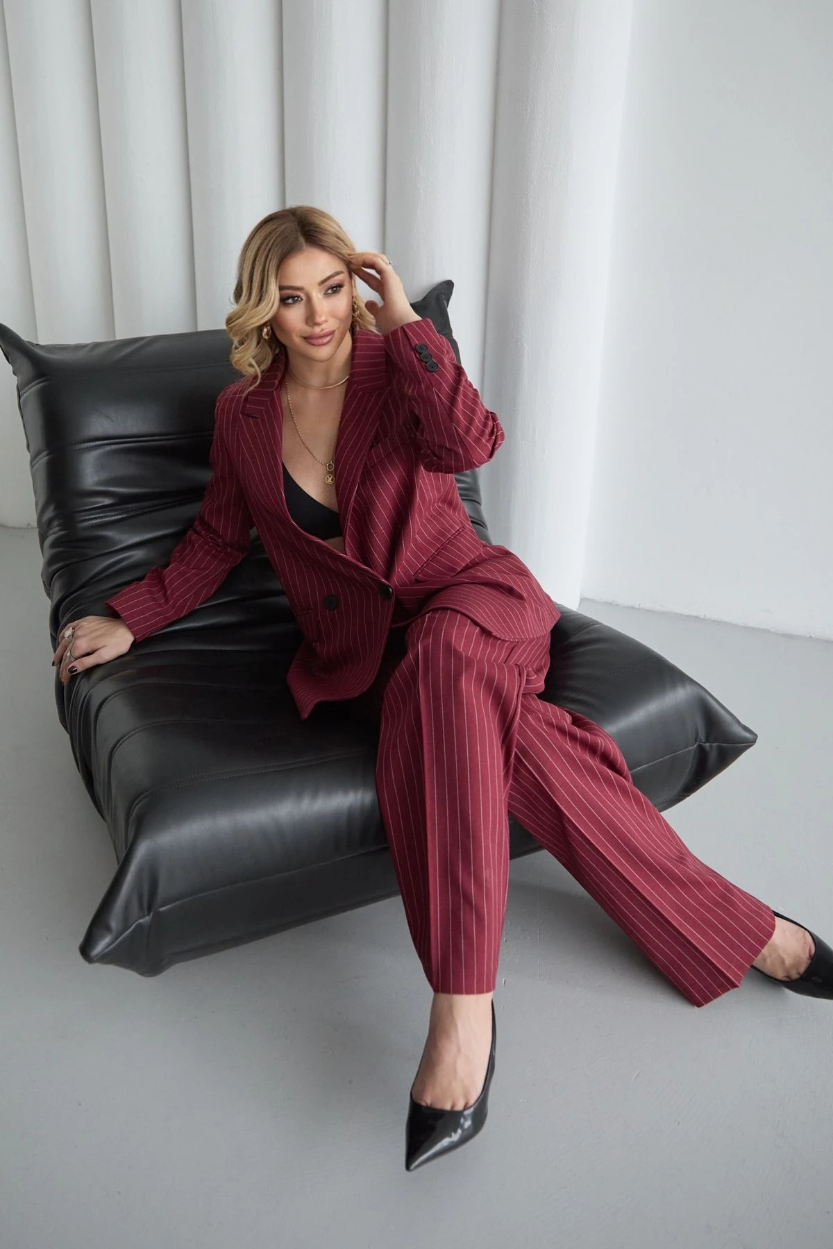 Kadın Bordo Çizgili Blazer Ceket Yelek Pantolon Takım Elbise