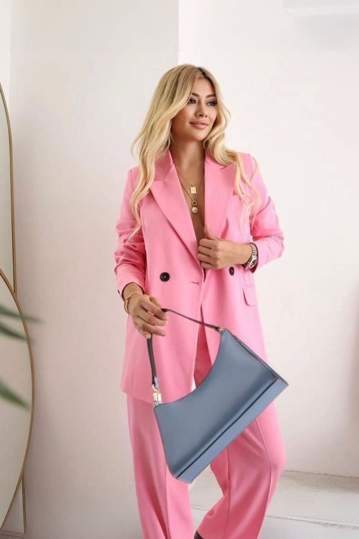 Kadın Pembe Blazer Ceket Pantolon Takım