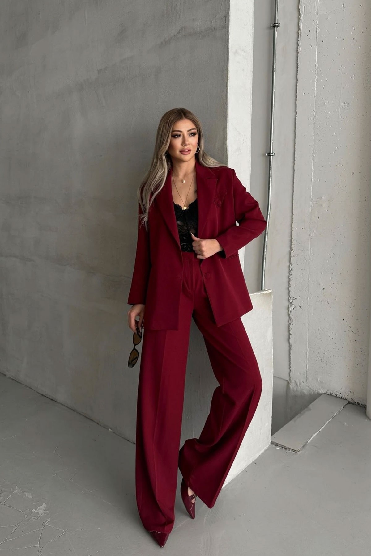 Kadın Bordo Düğme Detay Blazer Ceket Pantolon Takım Elbise