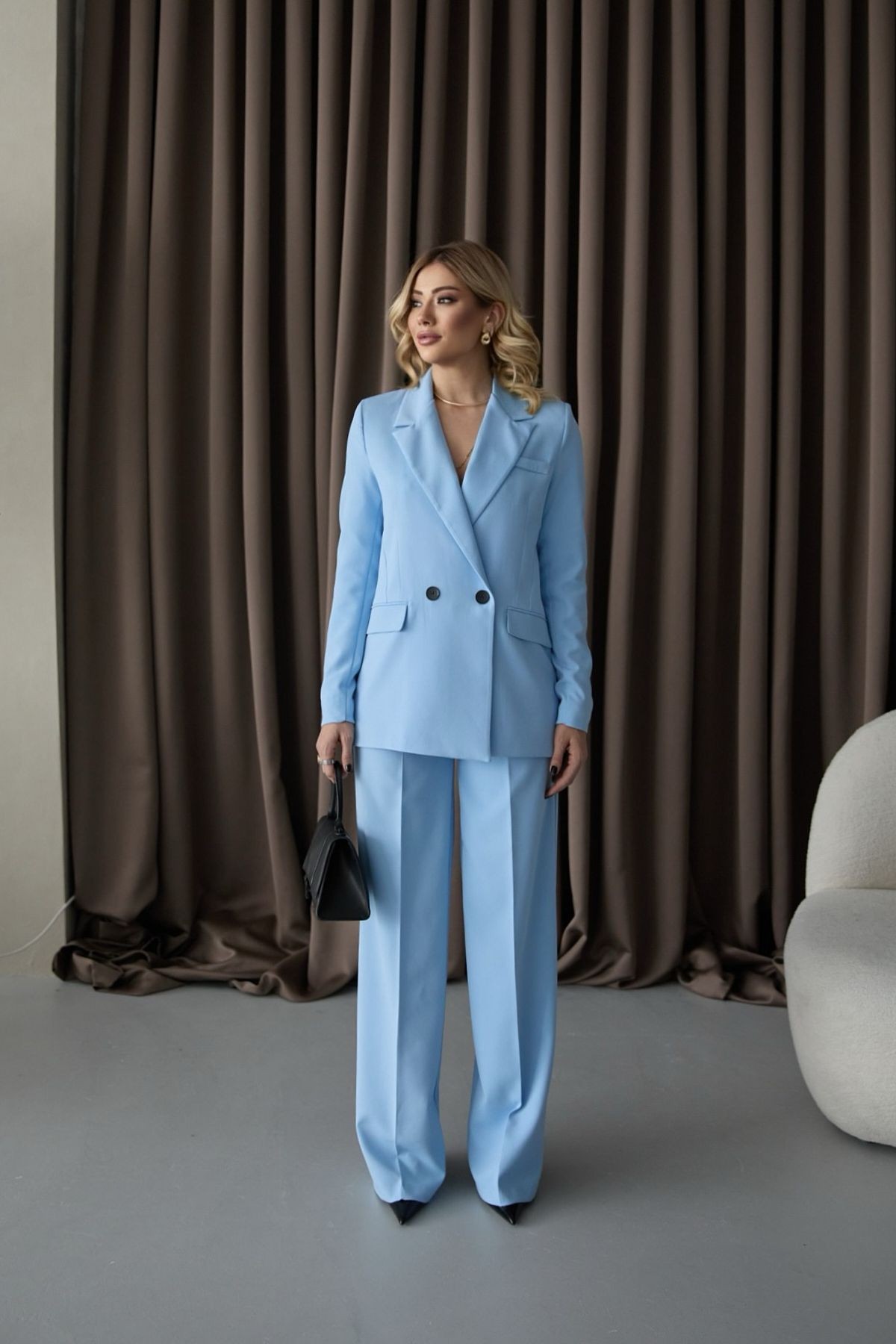Kadın Bebe Mavi Blazer Ceket Palazzo Pantolon Takım Elbise