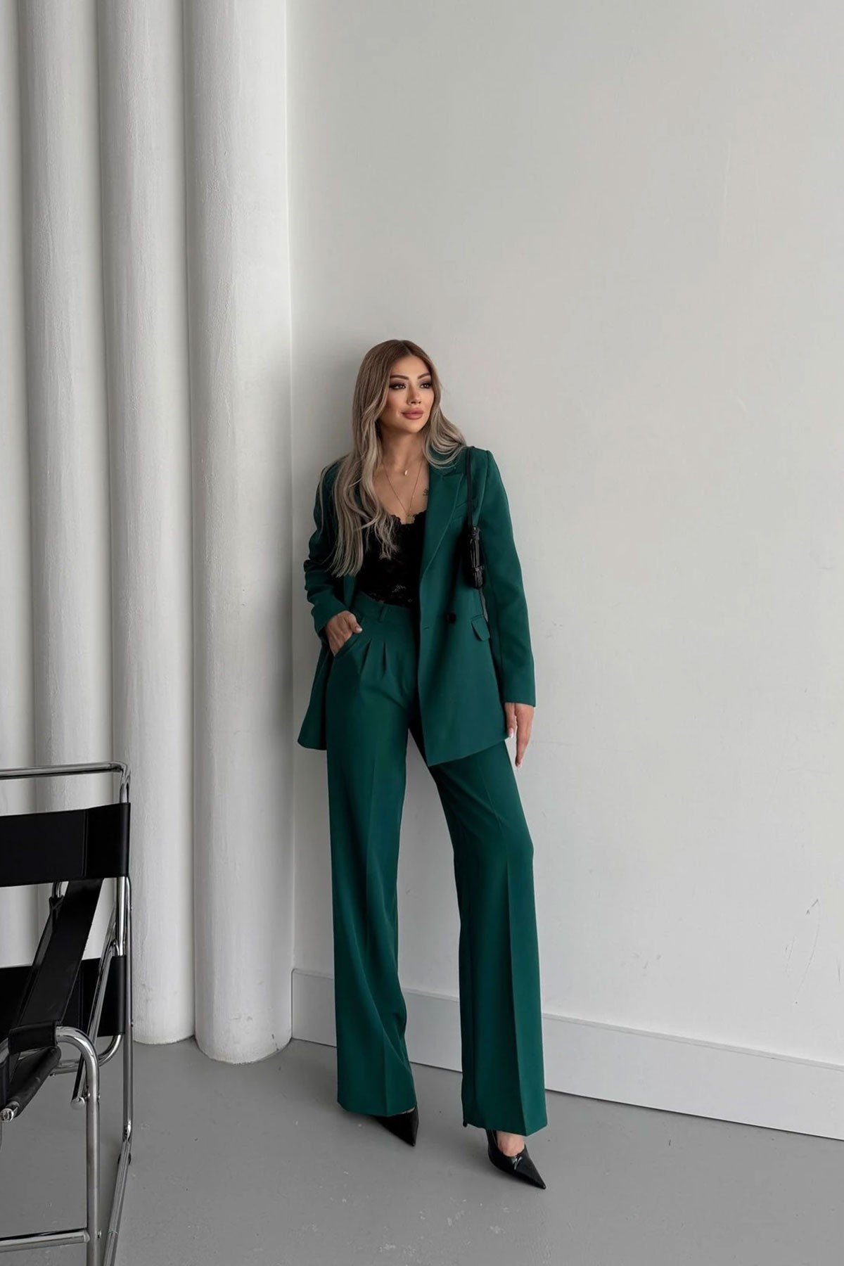 Women's Emerald Green Blazer Jacket and Palazzo Pants Suit