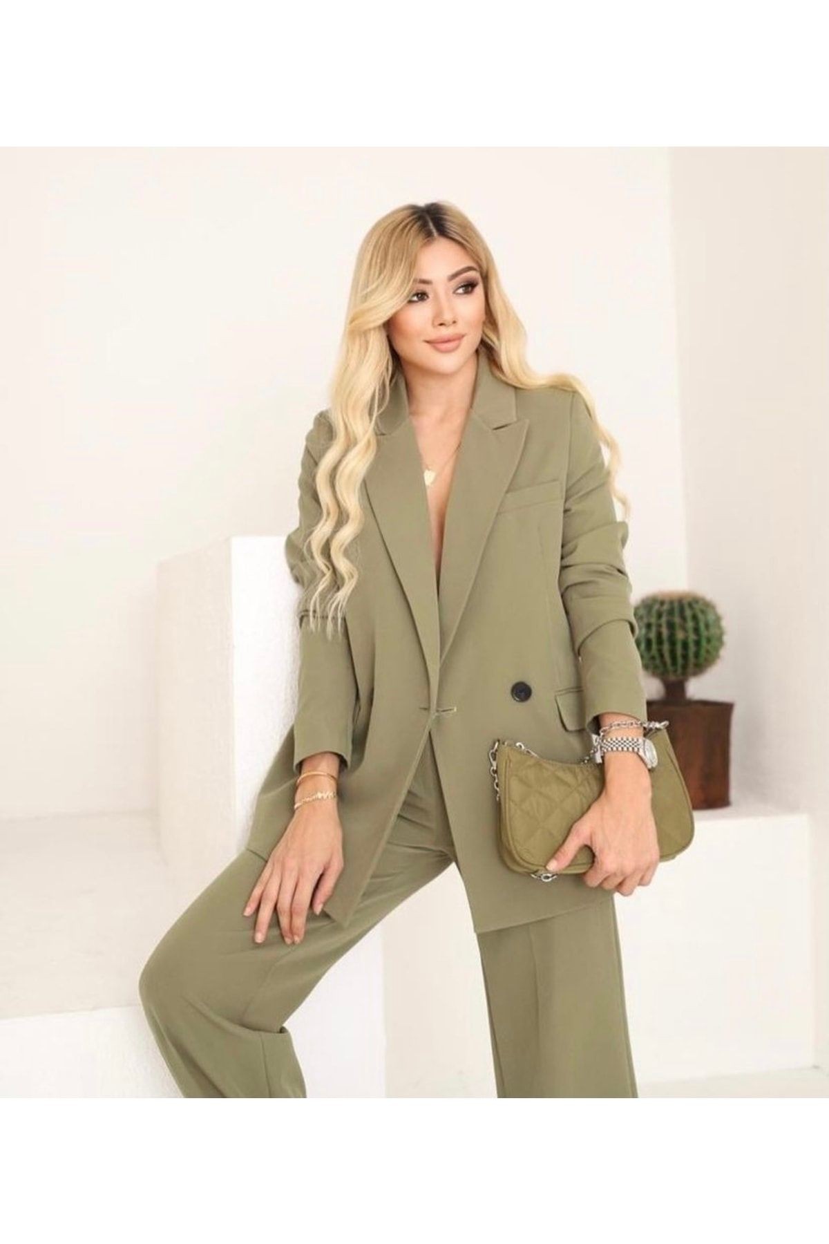 Kadın Haki Blazer Ceket Pantolon Takım