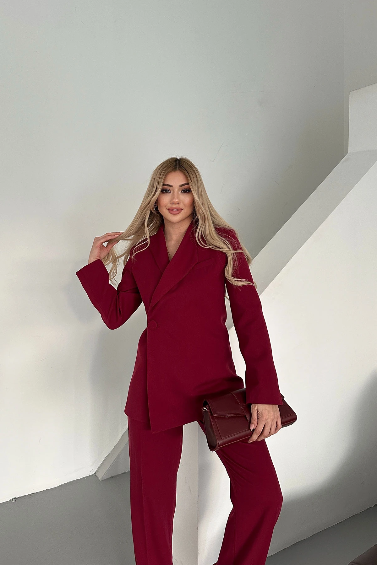 Kadın Bordo  Düğmeli Ceket Pantolon Takım Elbise