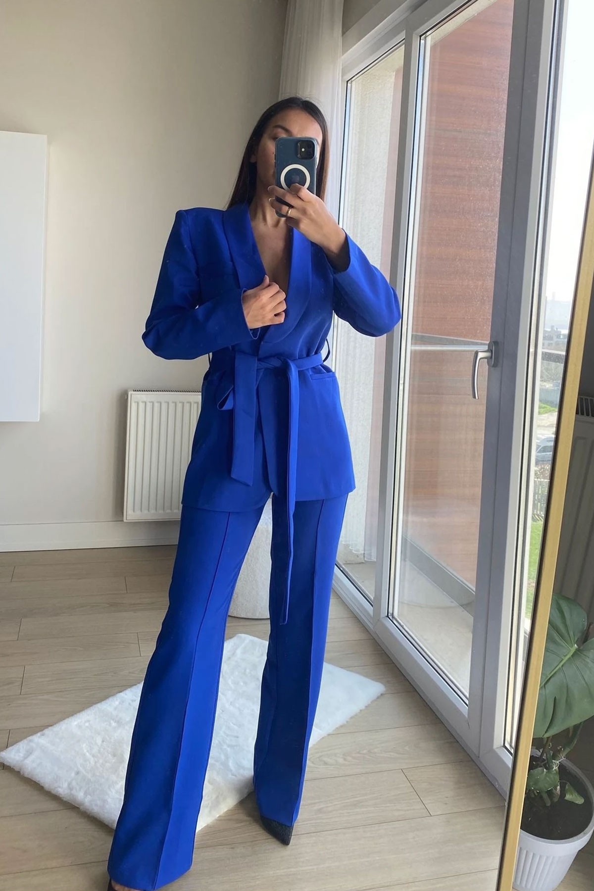 Kadın Lacivert Şal Yaka Bağlamalı Blazer Ceket Pantolon Takım