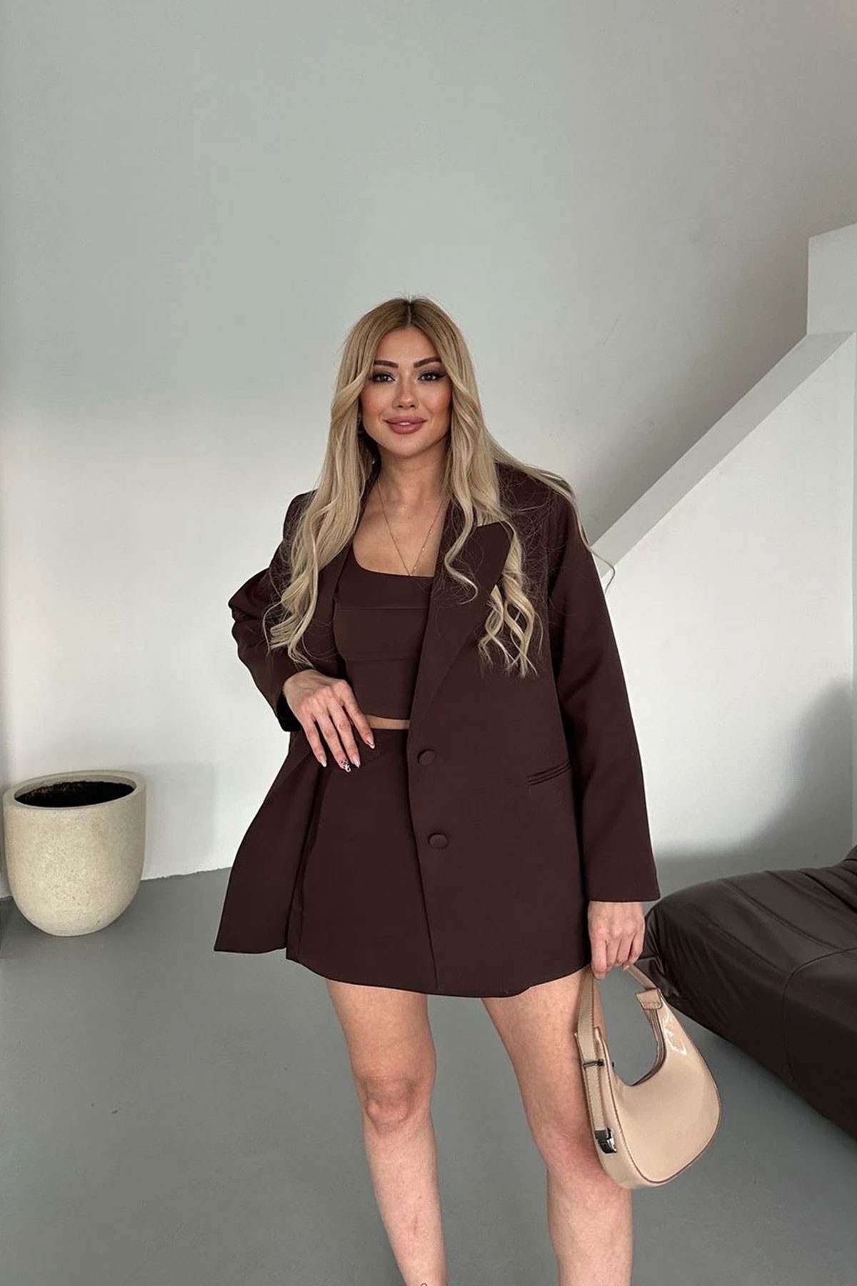 Kadın Kahverengi Blazer Ceket Büstiyer Etek Takım