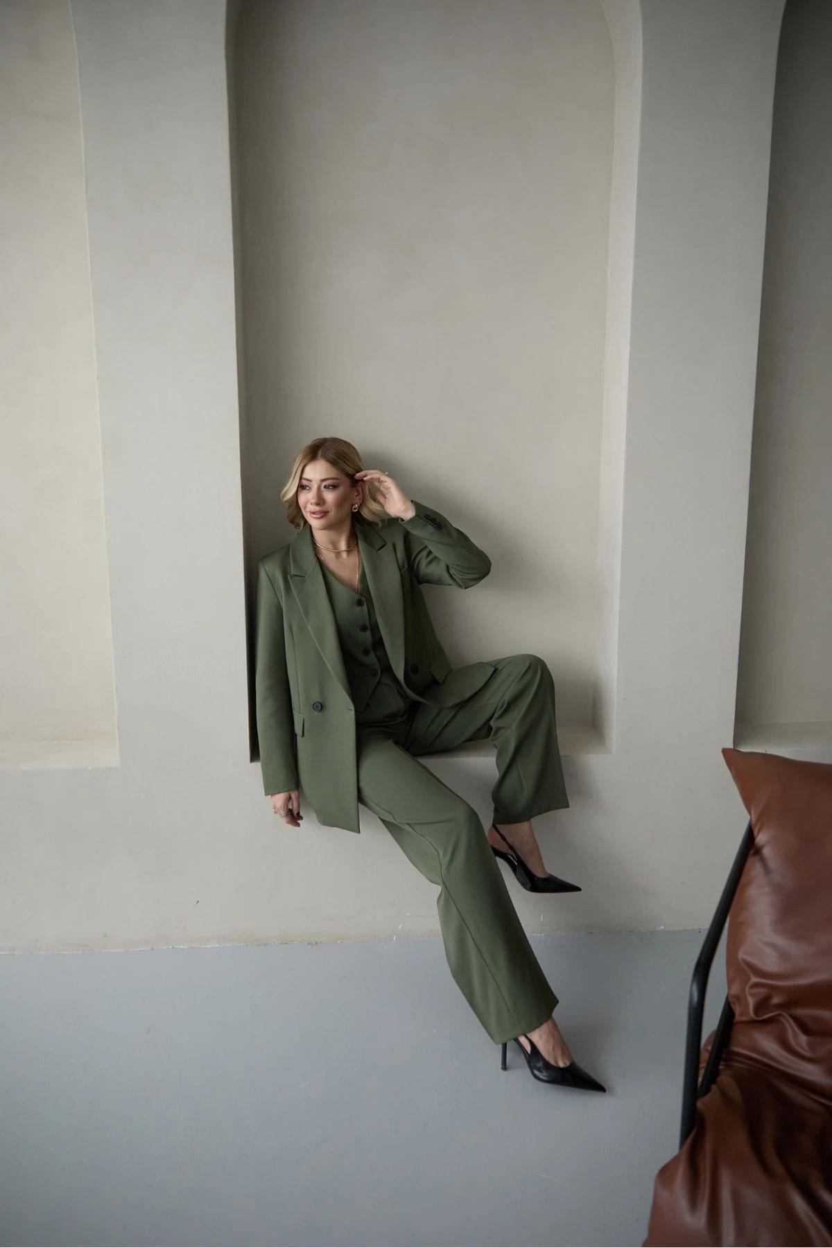 Kadın Haki Blazer Ceket Yelek Palazzo Pantolon Takım Elbise