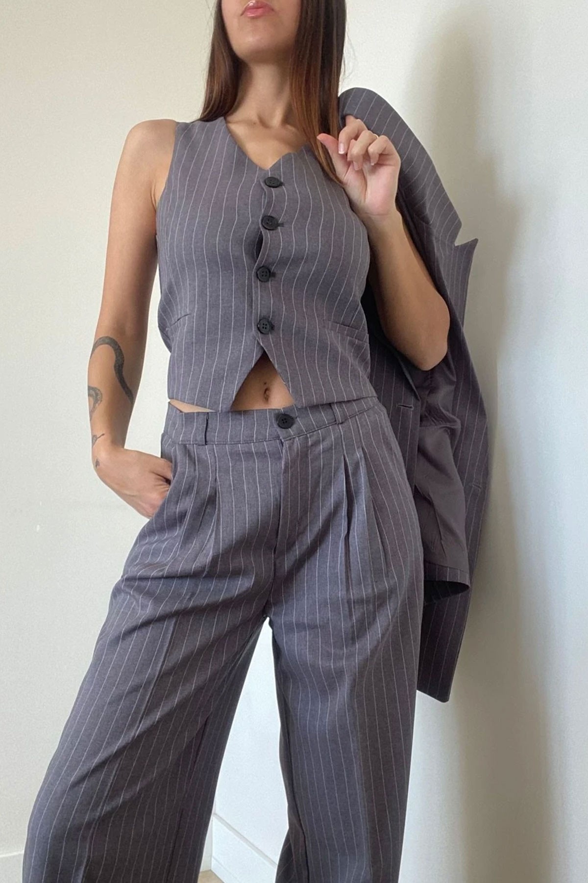Kadın Gri Çizgili Blazer Ceket Yelek Pantolon Takım